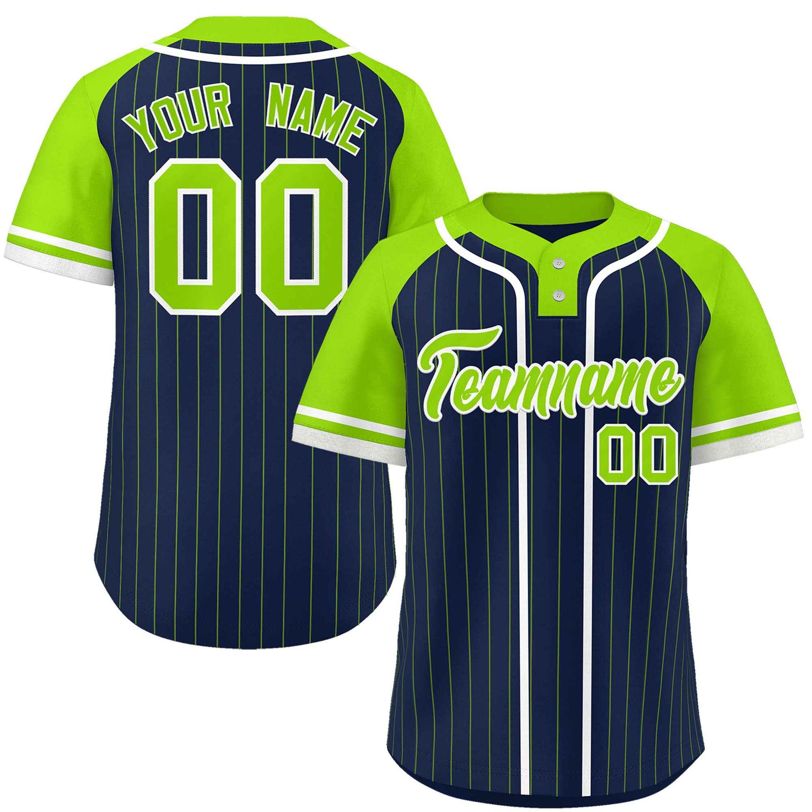 Custom Navy Neon Green-White Stripe Fashion Raglan Sleeves Authentic Two-Button Softball Jersey