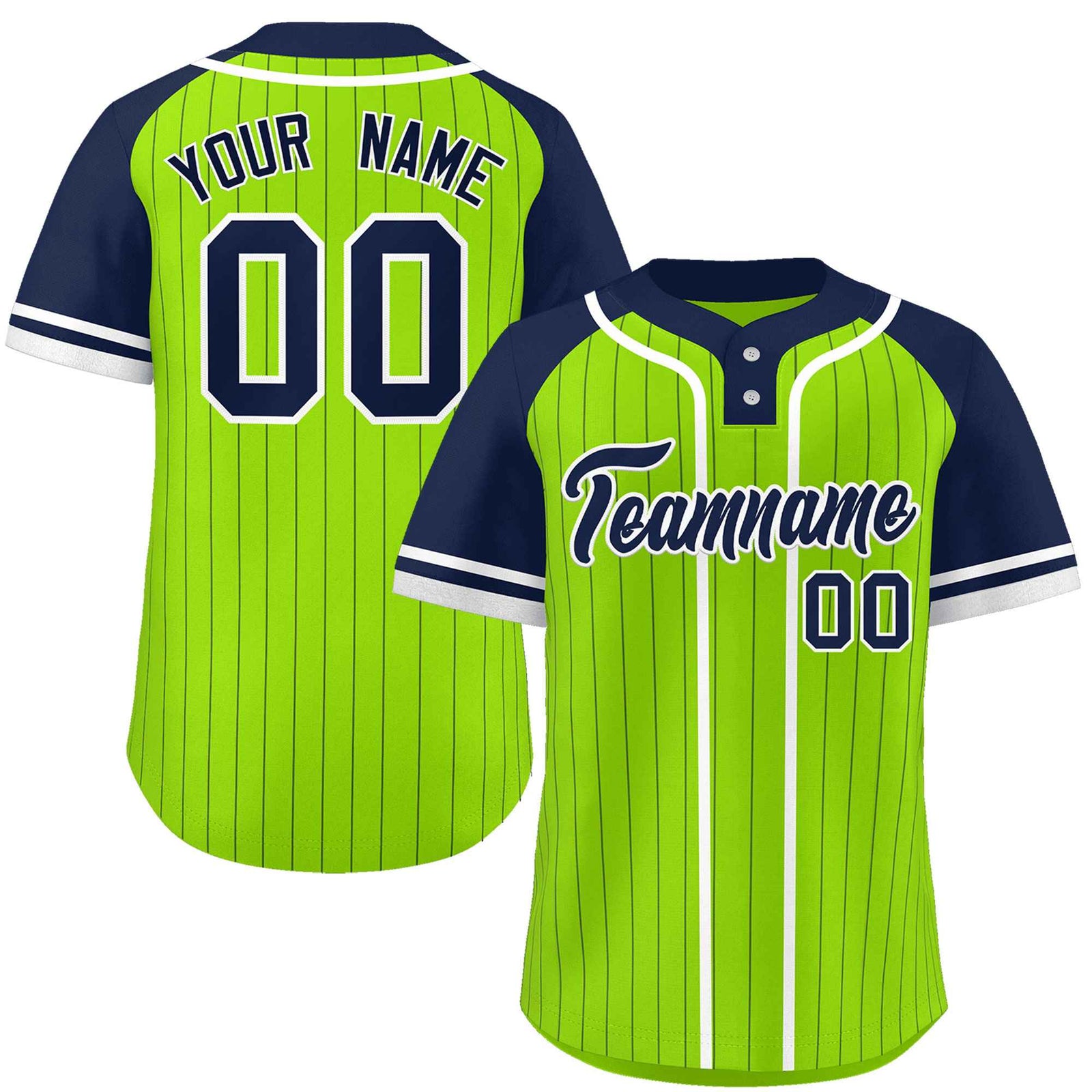 Custom Neon Green Navy-White Stripe Fashion Raglan Sleeves Authentic Two-Button Softball Jersey