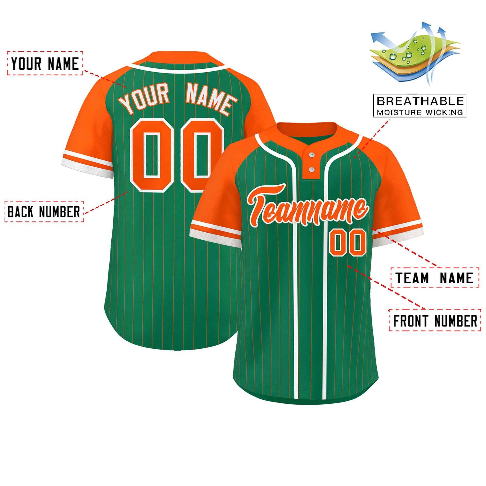 Custom Kelly Green Orange-White Stripe Fashion Raglan Sleeves Authentic Two-Button Softball Jersey
