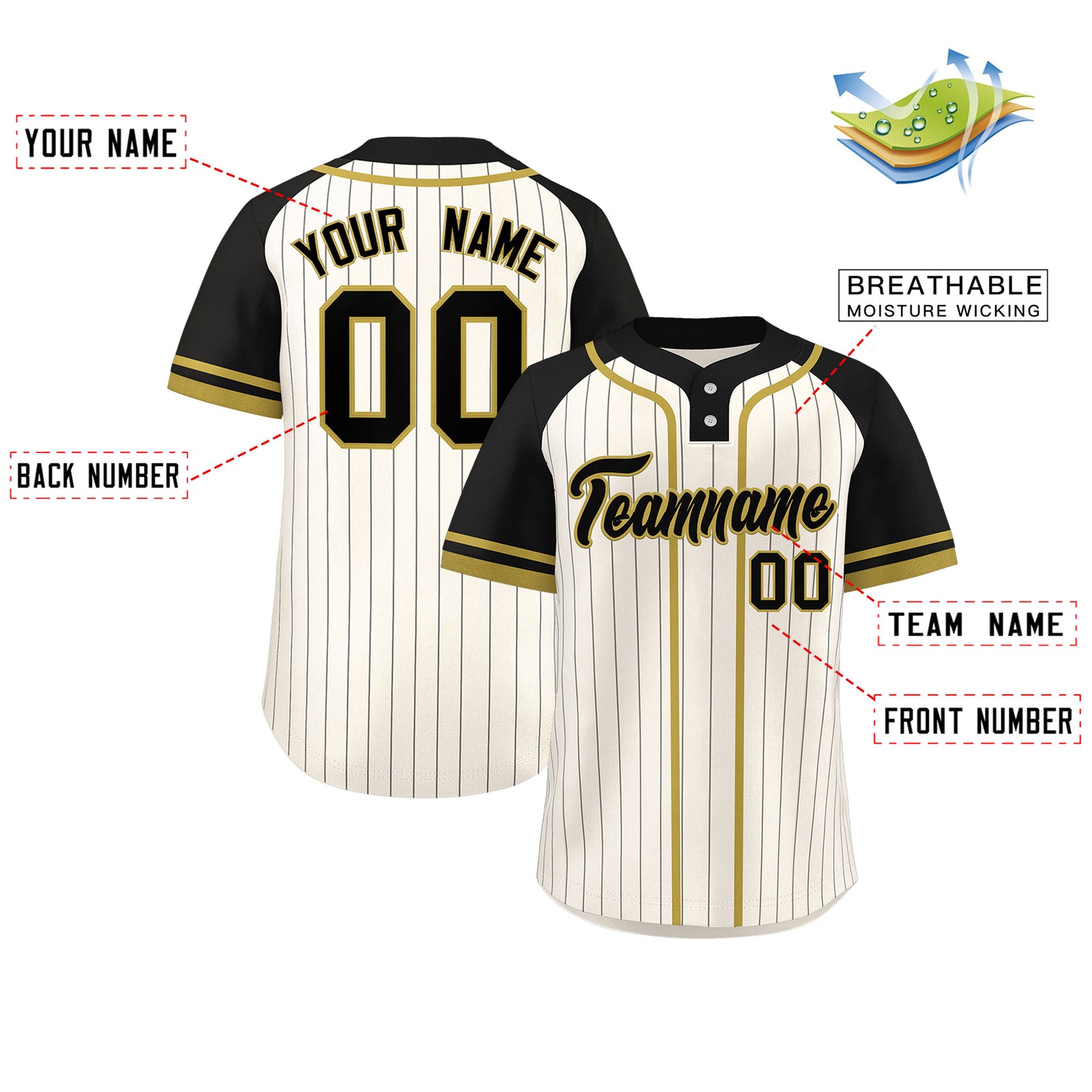 Custom Cream Black-Old Gold Stripe Fashion Raglan Sleeves Authentic Two-Button Softball Jersey