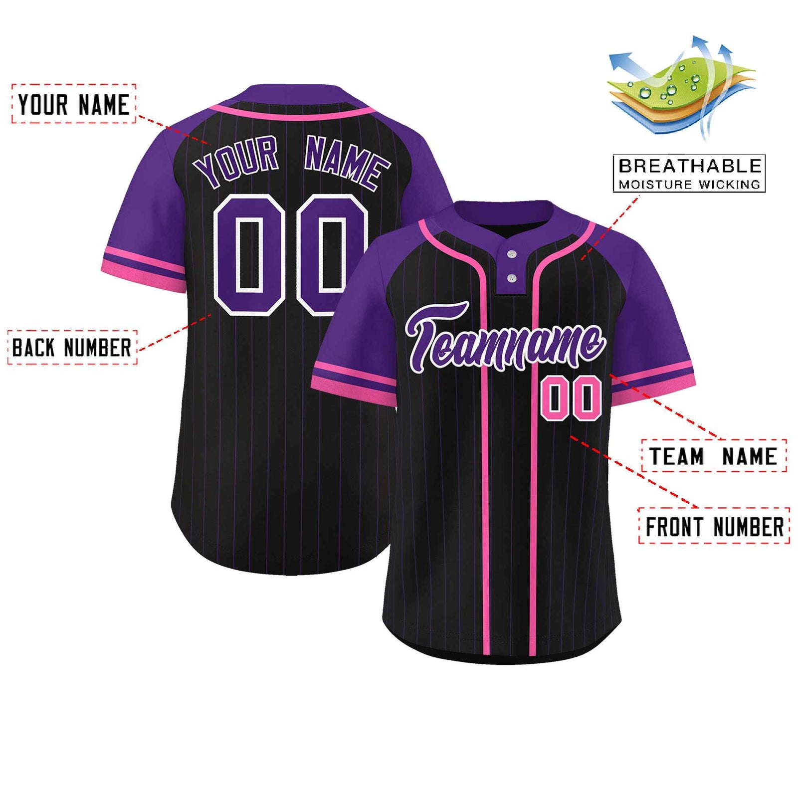 Custom Black Purple-Pink Stripe Fashion Raglan Sleeves Authentic Two-Button Softball Jersey