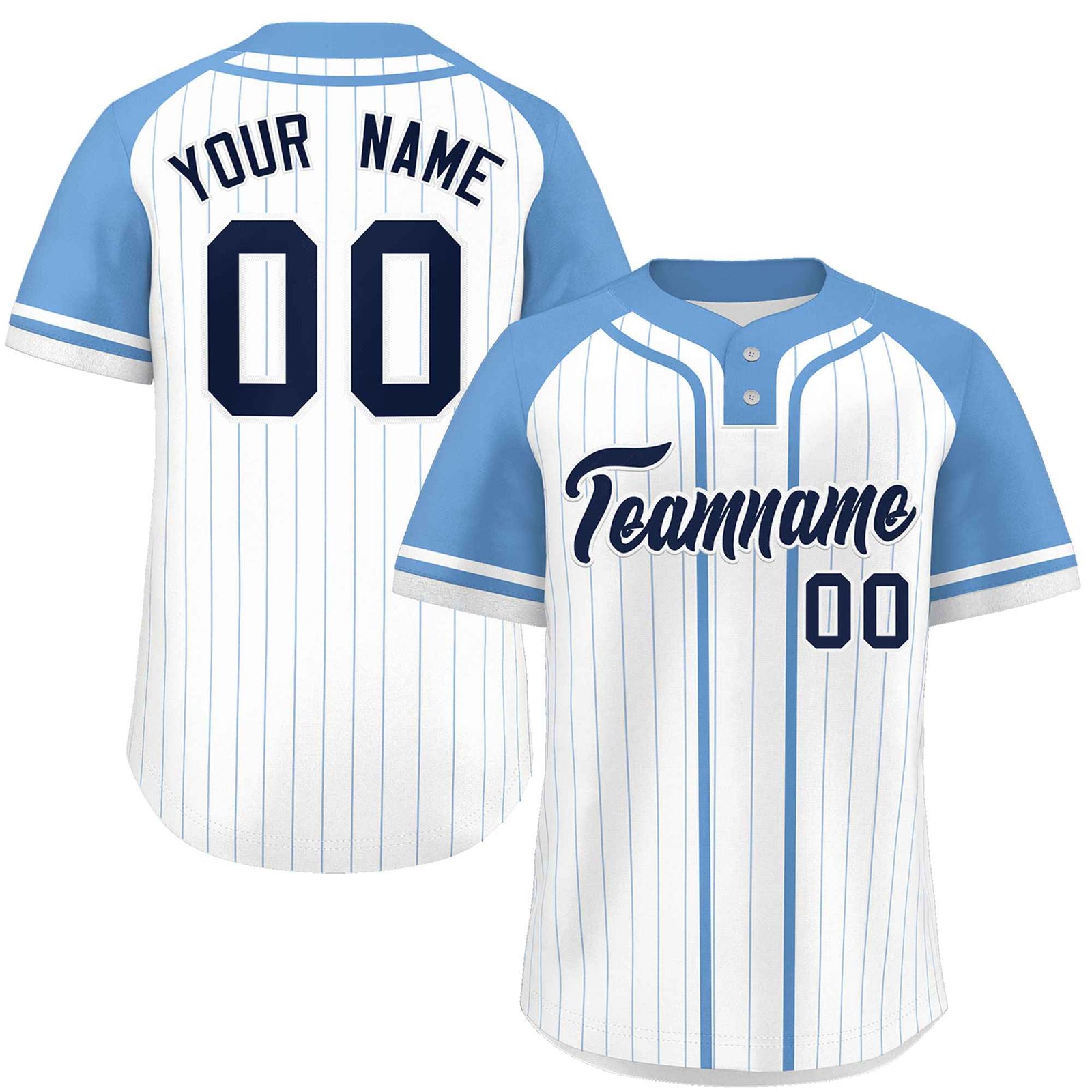 Custom White Light Blue Stripe Fashion Raglan Sleeves Authentic Two-Button Softball Jersey