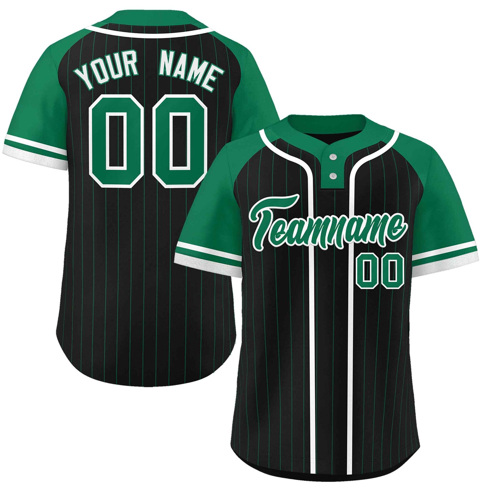 Custom Black Kelly Green-White Stripe Fashion Raglan Sleeves Authentic Two-Button Softball Jersey