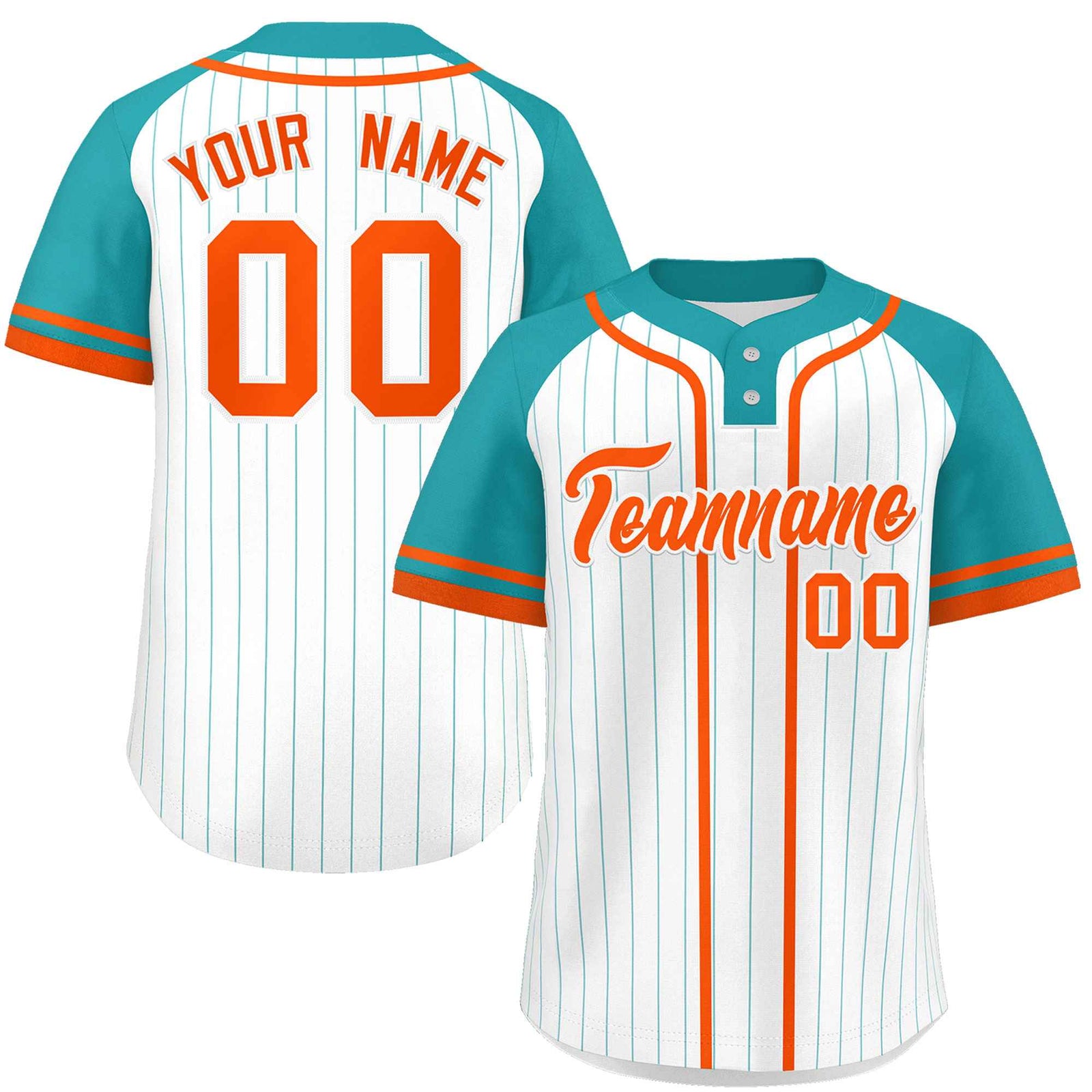 Custom White Aqua-Orange Stripe Fashion Raglan Sleeves Authentic Two-Button Softball Jersey