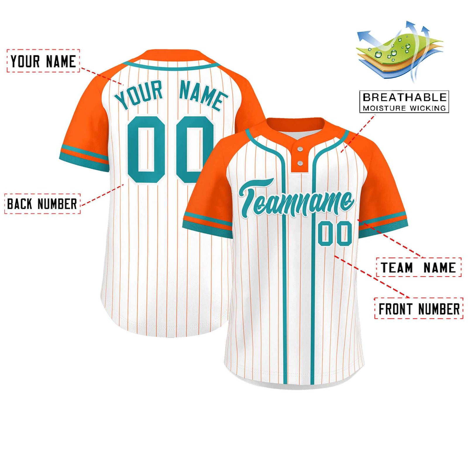 Custom White Orange-Aqua Stripe Fashion Raglan Sleeves Authentic Two-Button Softball Jersey