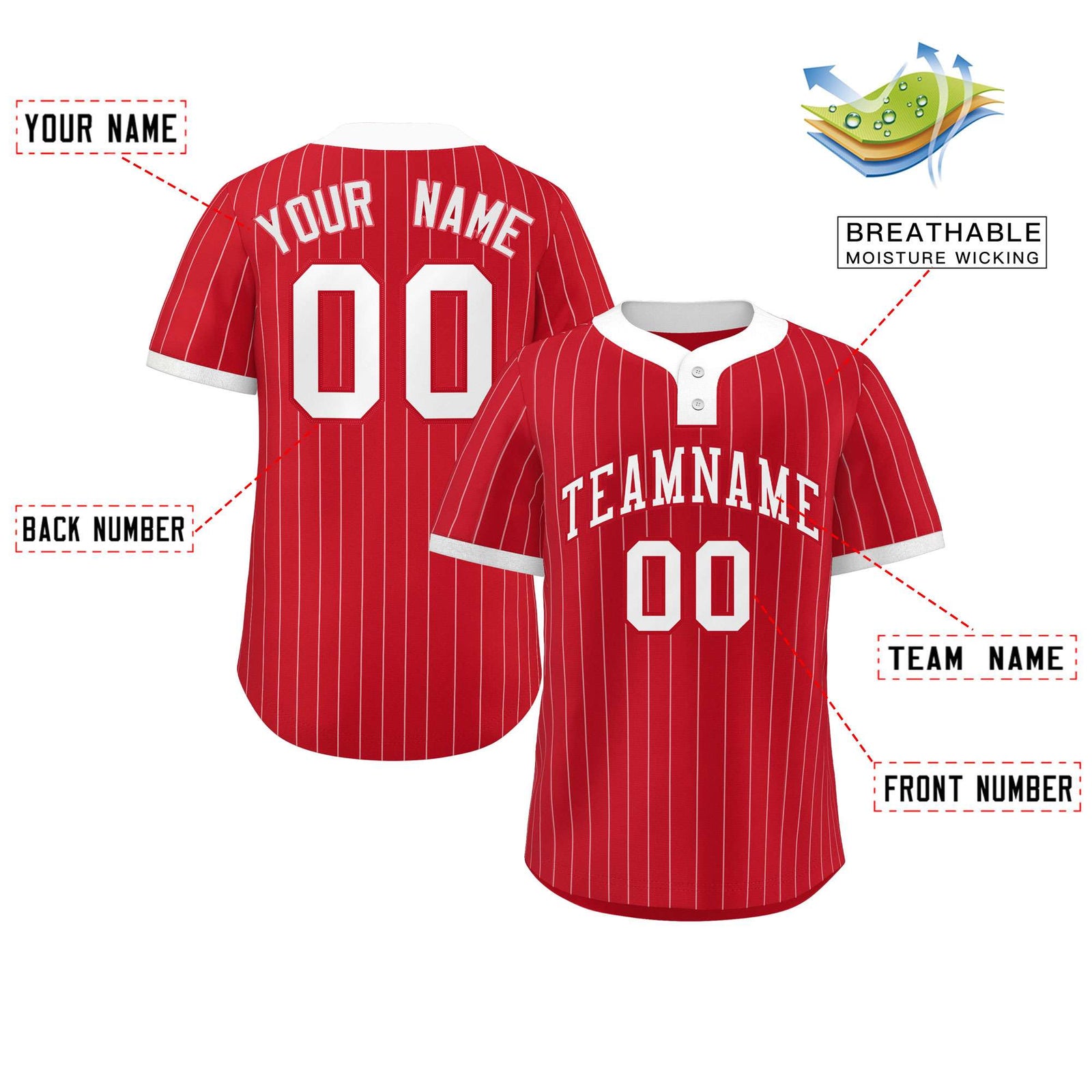 Custom Red White Stripe Fashion Authentic Two-Button Softball Jersey