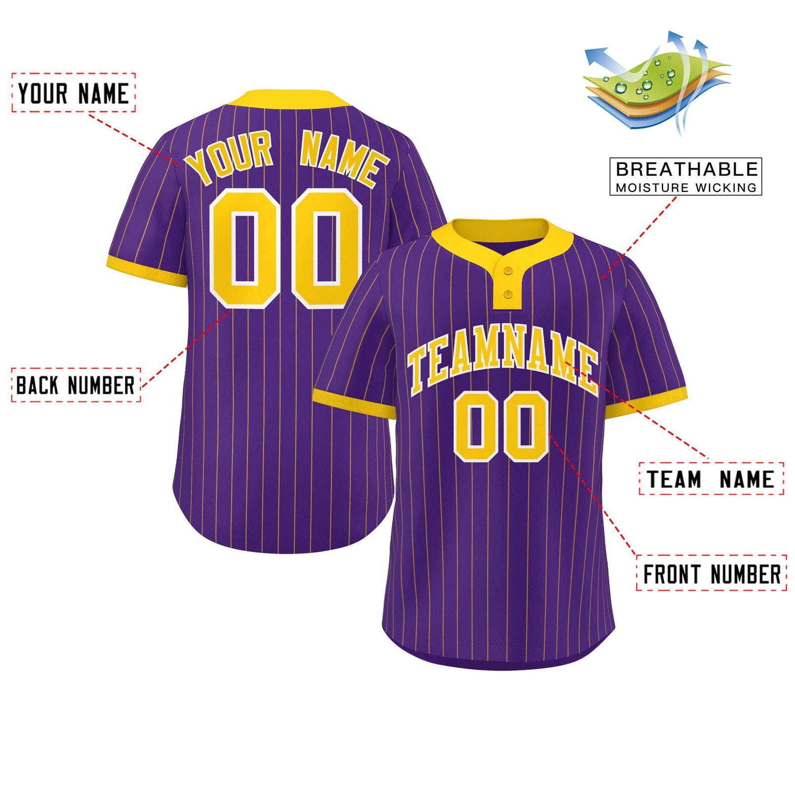 Custom Purple Gold Stripe Fashion Authentic Two-Button Softball Jersey