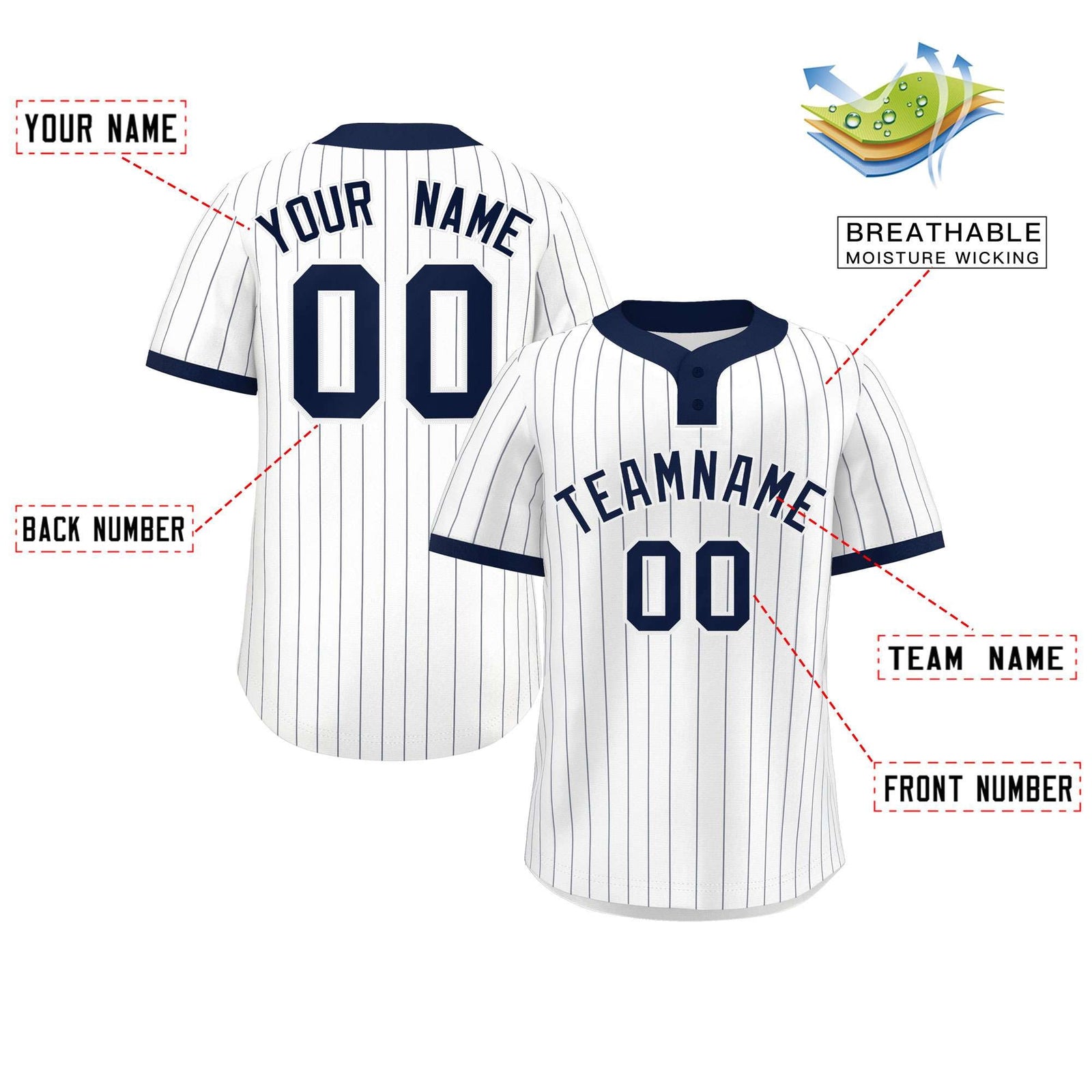 Custom White Navy Stripe Fashion Authentic Two-Button Softball Jersey