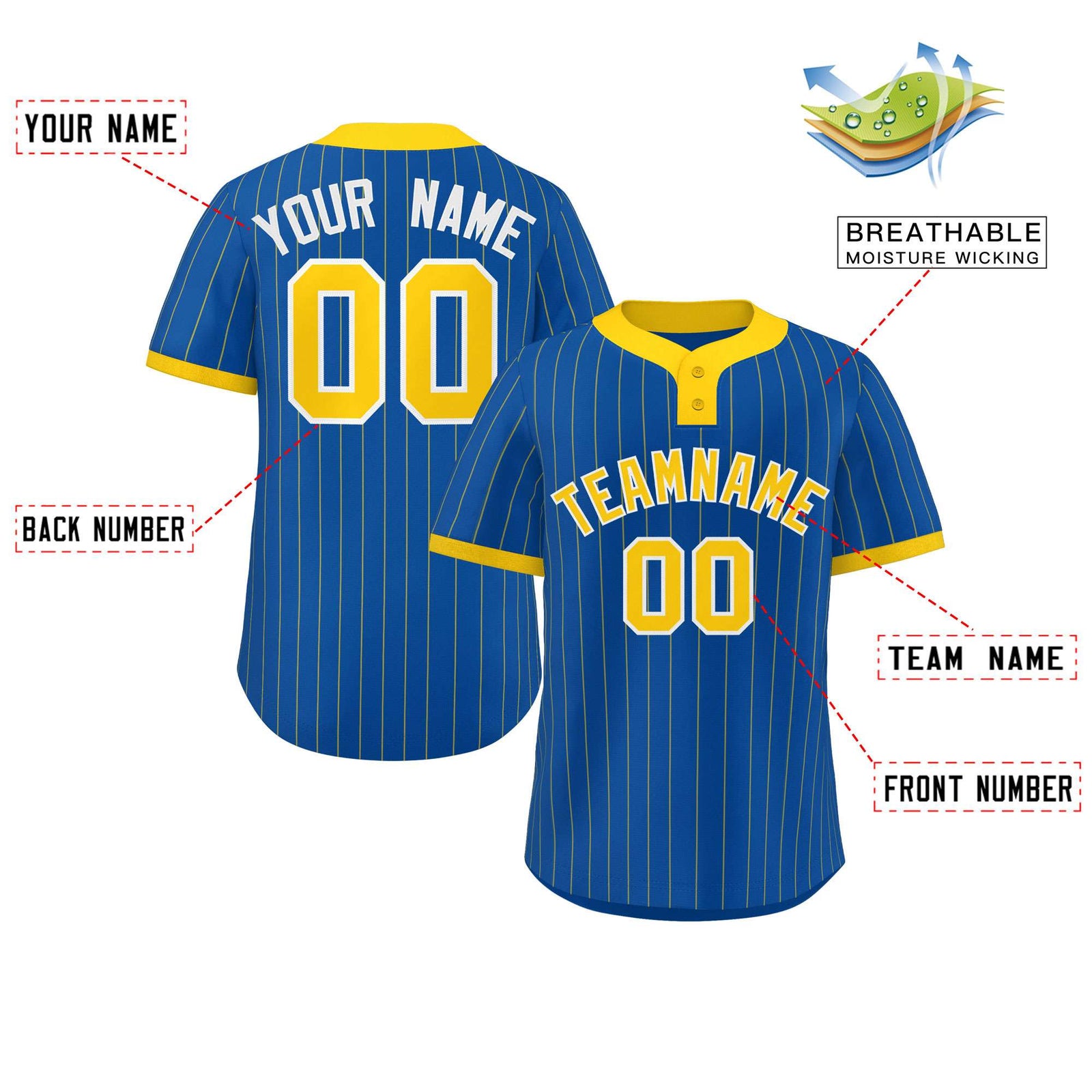 Custom Royal Gold Stripe Fashion Authentic Two-Button Softball Jersey