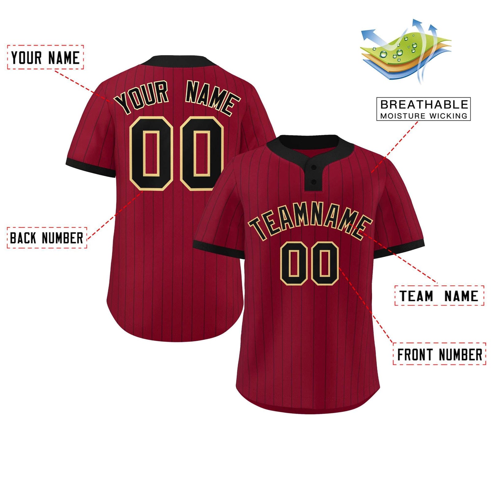 Custom Crimson Black Stripe Fashion Authentic Two-Button Softball Jersey