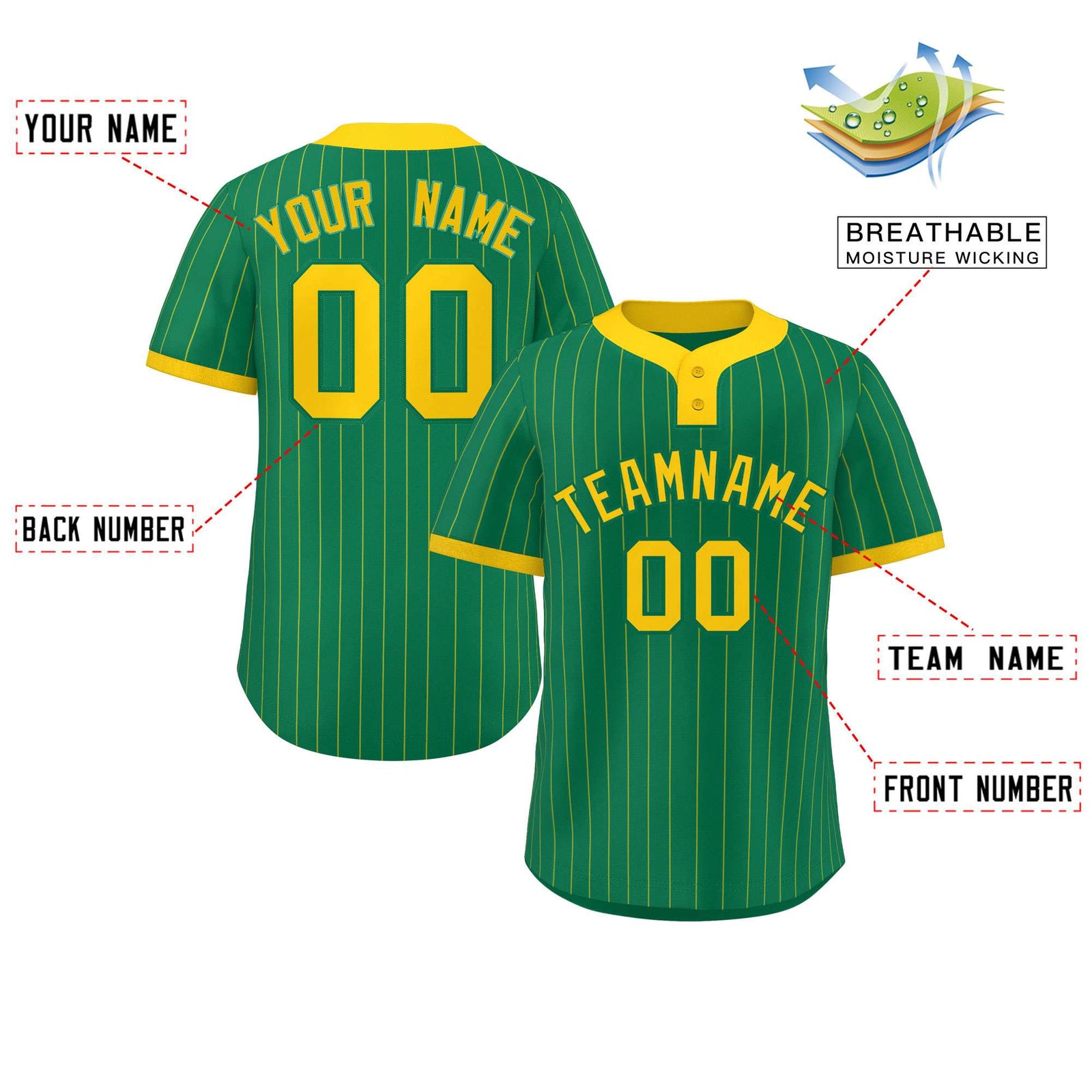 Custom Kelly Green Gold Stripe Fashion Authentic Two-Button Softball Jersey
