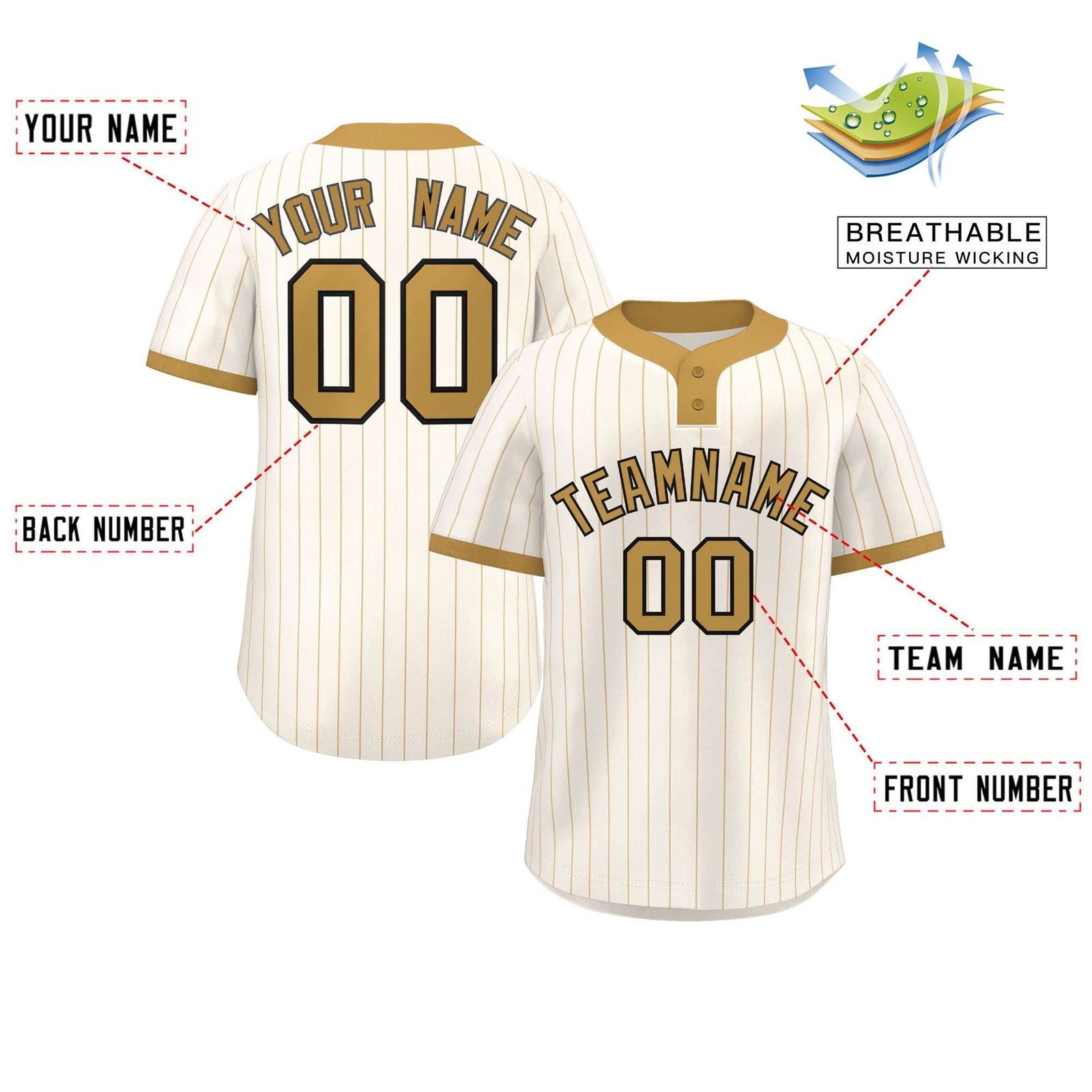Custom Cream Old Gold Stripe Fashion Authentic Two-Button Softball Jersey