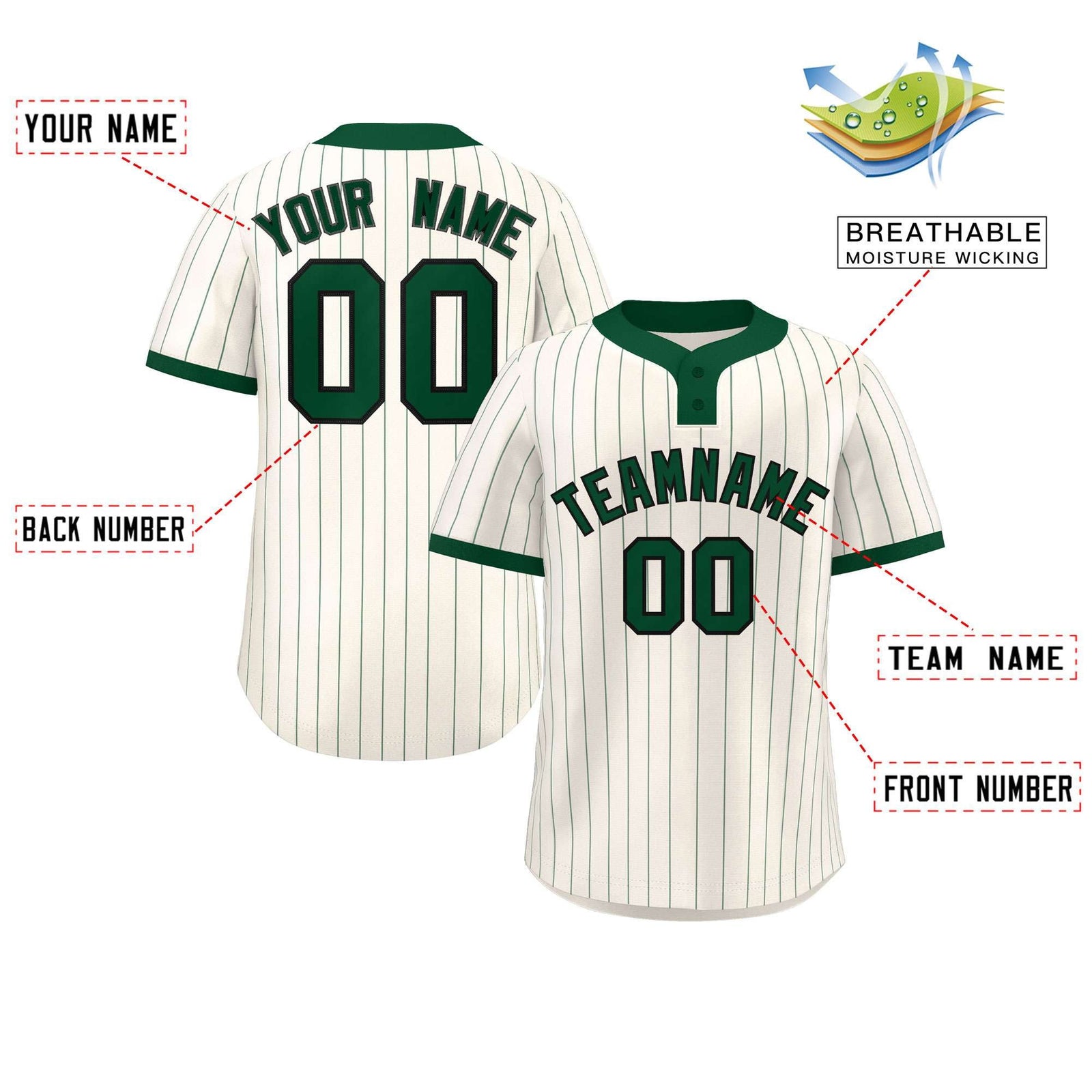 Custom Cream Green Stripe Fashion Authentic Two-Button Softball Jersey