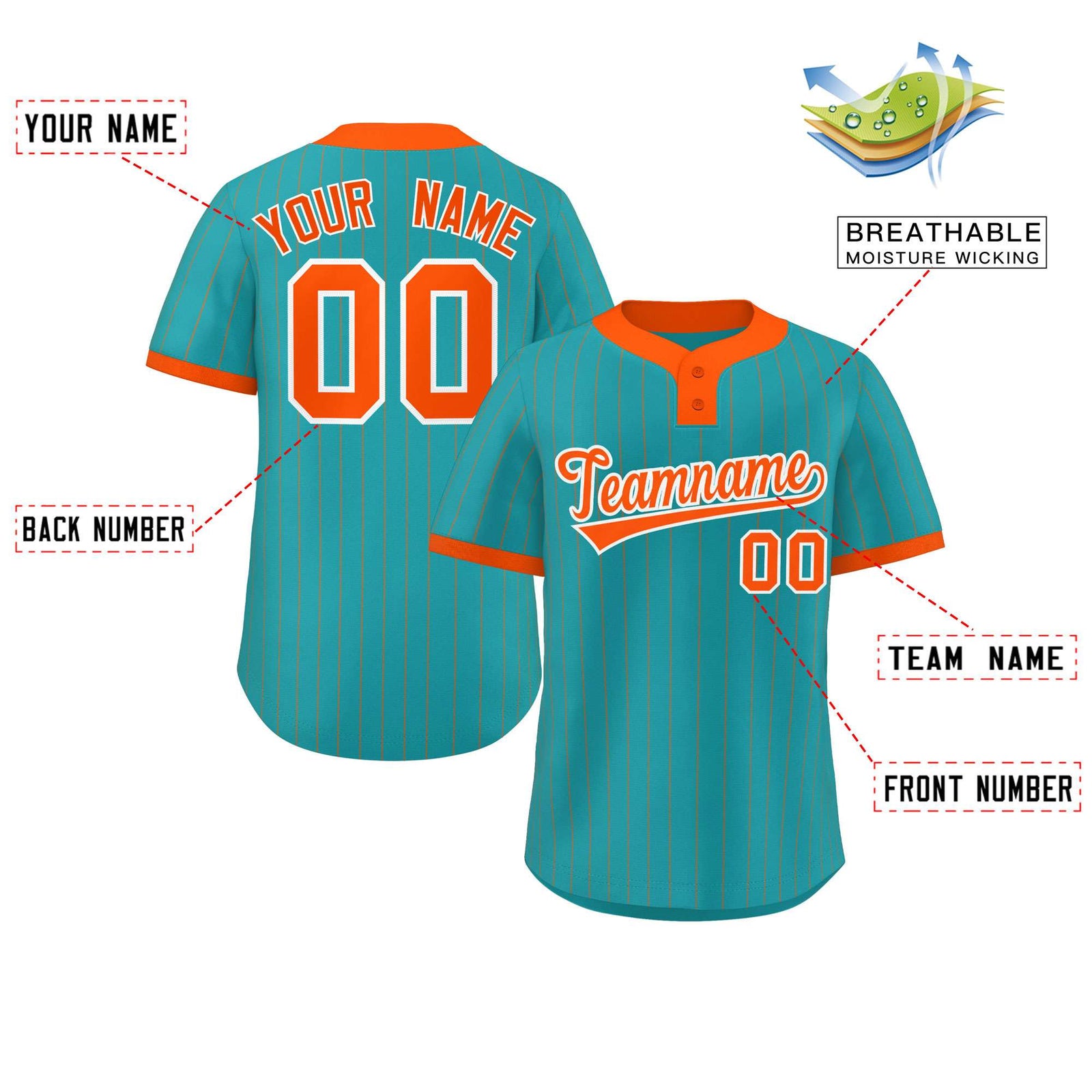 Custom Aqua Orange Stripe Fashion Authentic Two-Button Softball Jersey