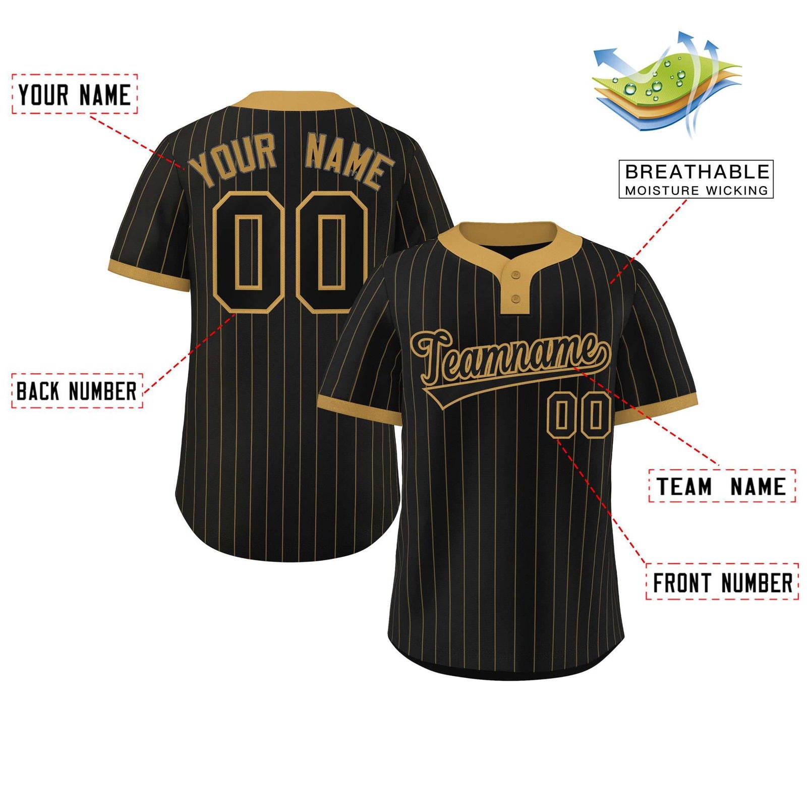 Custom Black Old Gold Stripe Fashion Authentic Two-Button Softball Jersey