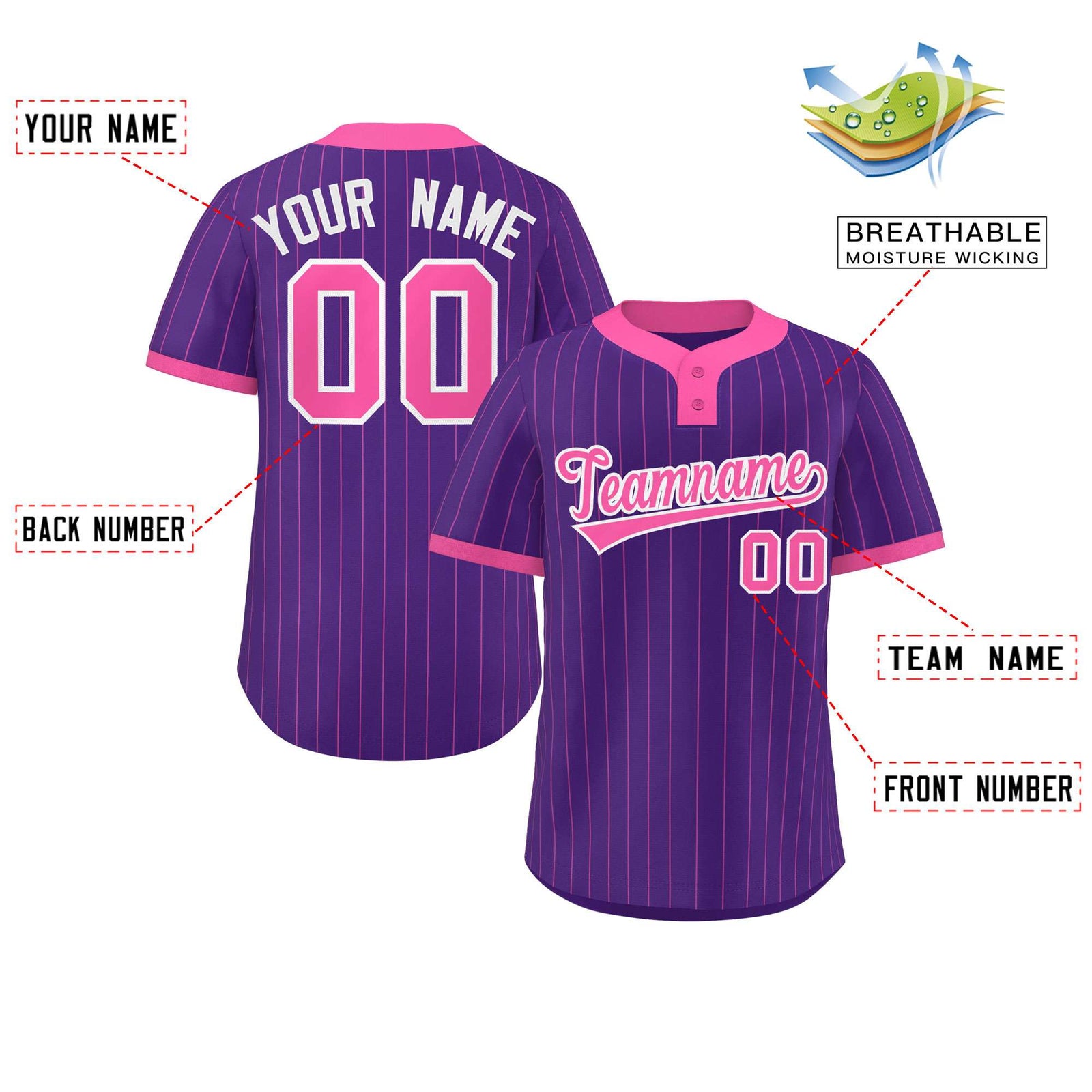 Custom Purple Pink Stripe Fashion Authentic Two-Button Softball Jersey