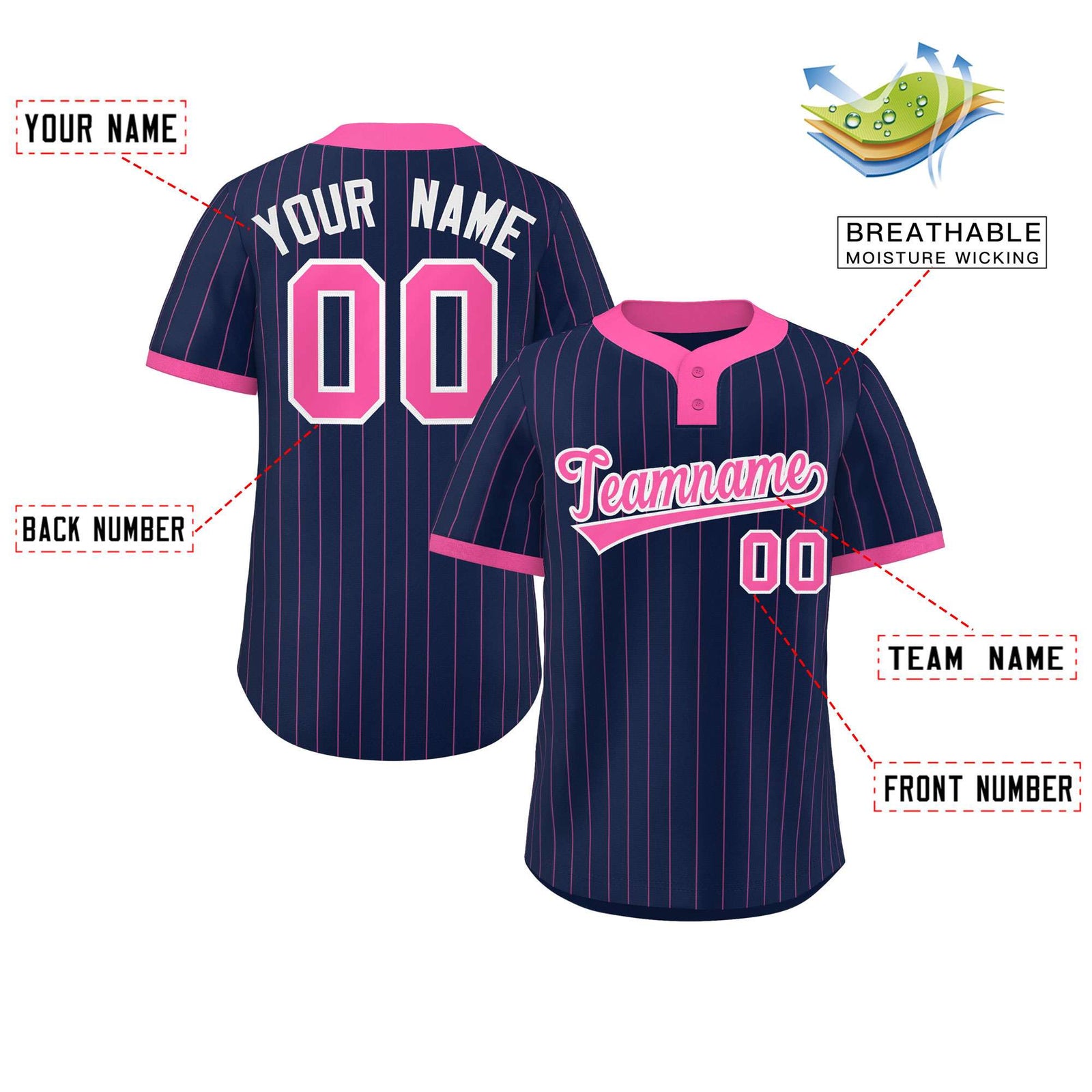 Custom Navy Pink Stripe Fashion Authentic Two-Button Softball Jersey