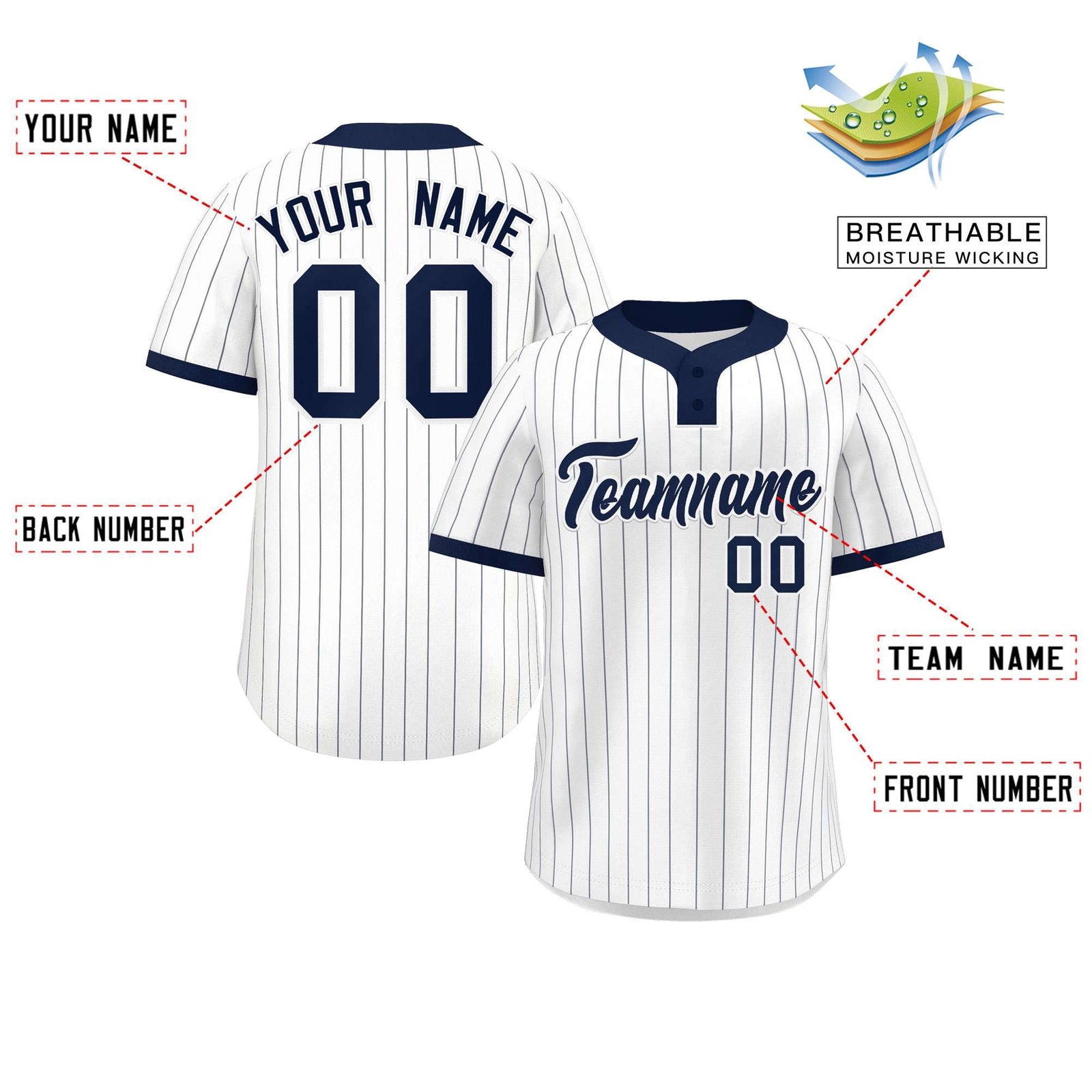 Custom White Navy Stripe Fashion Authentic Two-Button Softball Jersey