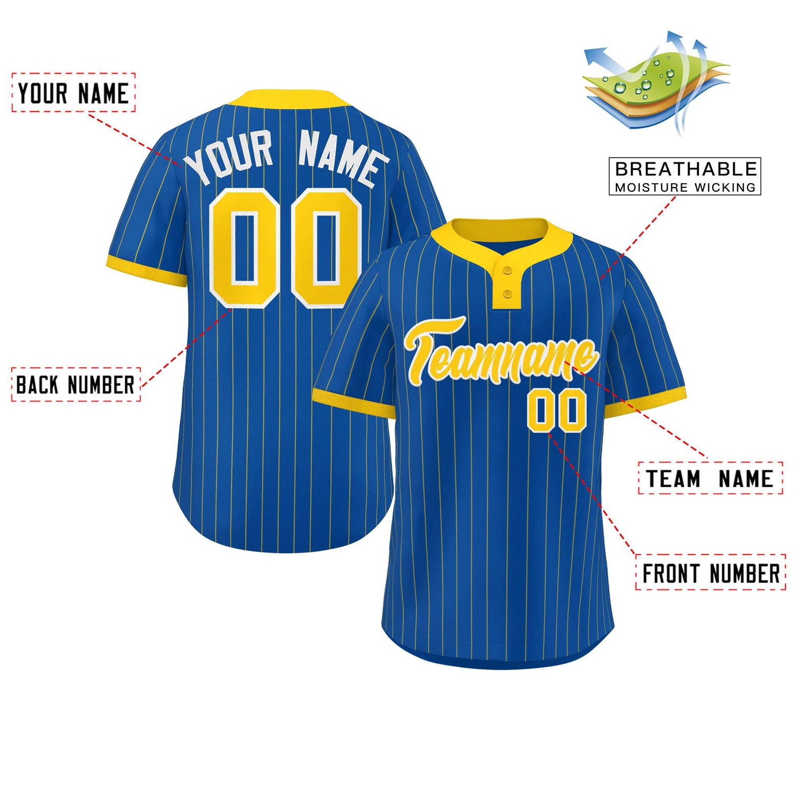 Custom Royal Gold Stripe Fashion Authentic Two-Button Softball Jersey