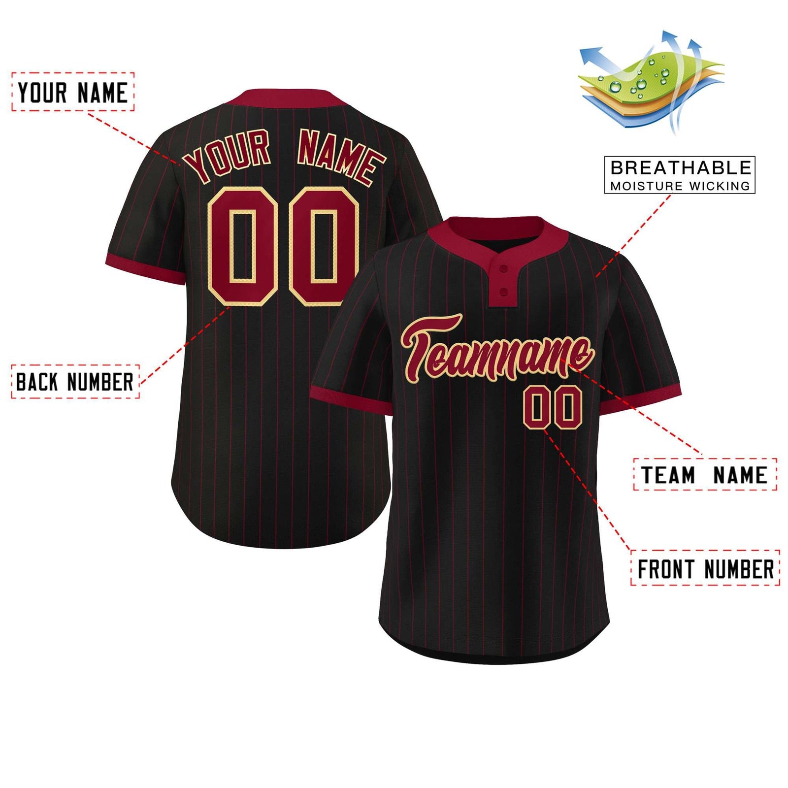 Custom Black Crimson Stripe Fashion Authentic Two-Button Softball Jersey