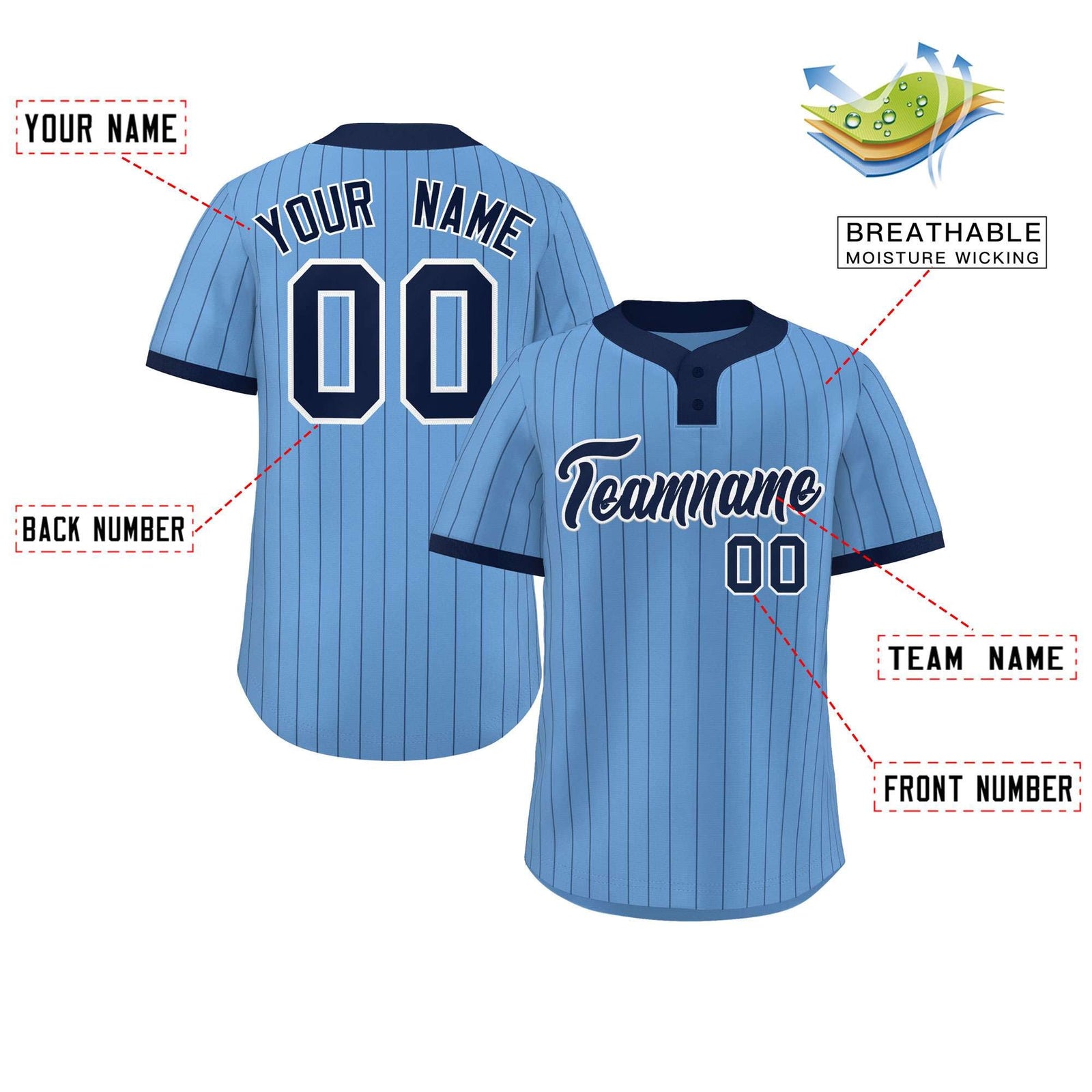 Custom Light Blue Navy Stripe Fashion Authentic Two-Button Softball Jersey