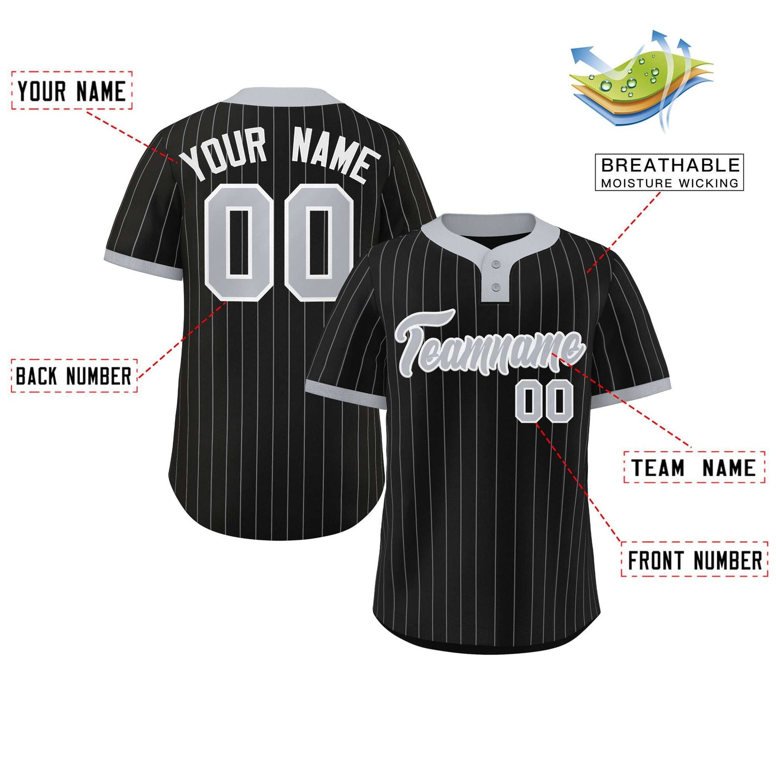 Custom Black Gray Stripe Fashion Authentic Two-Button Softball Jersey