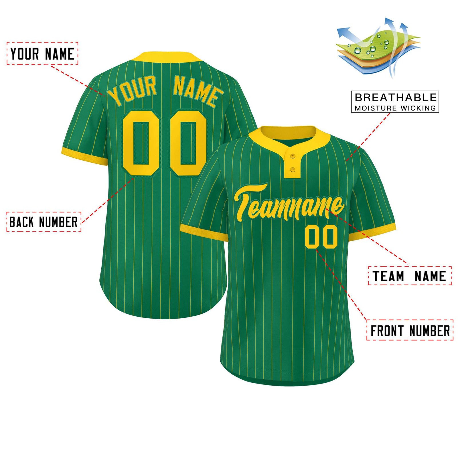 Custom Kelly Green Gold Stripe Fashion Authentic Two-Button Softball Jersey