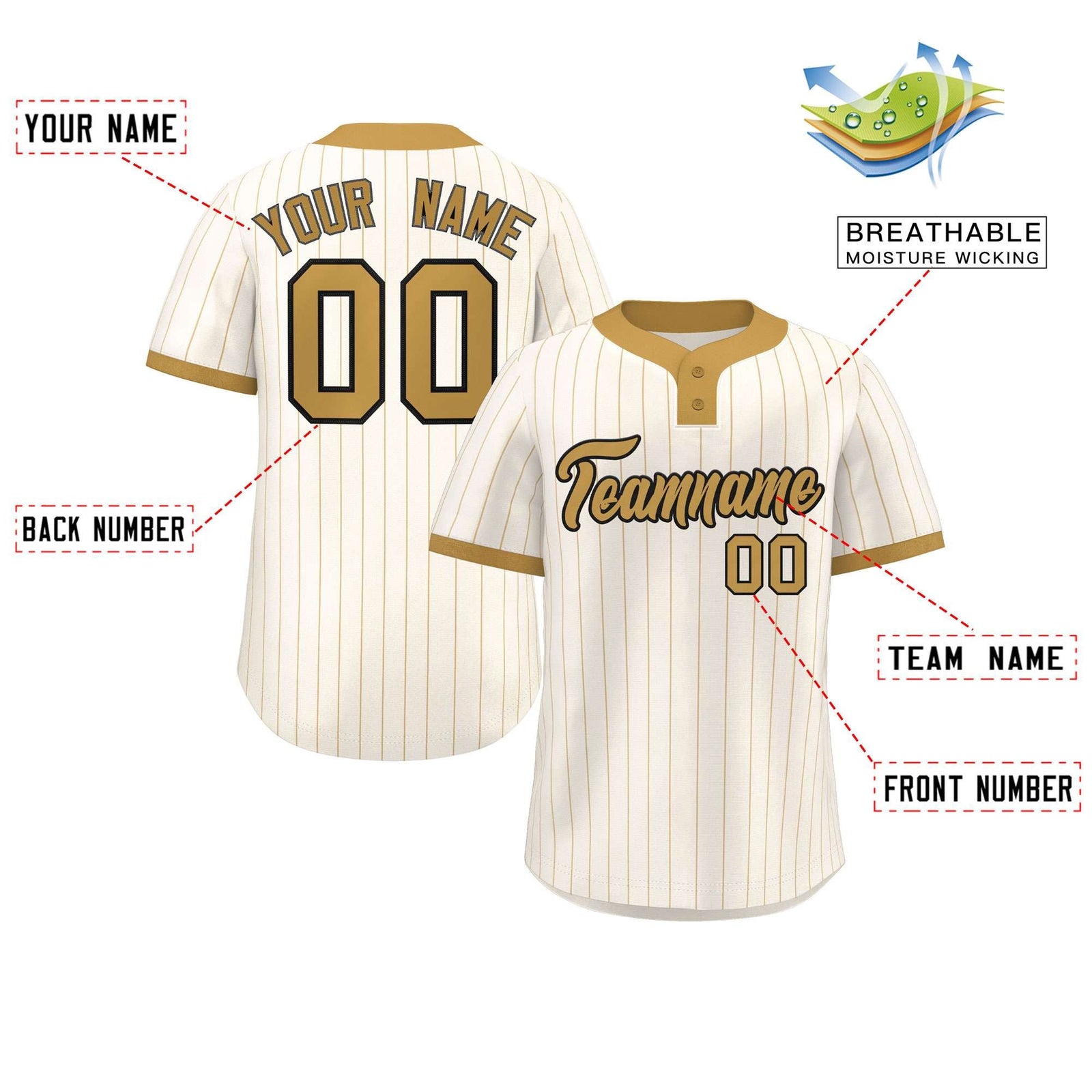 Custom Cream Old Gold Stripe Fashion Authentic Two-Button Softball Jersey
