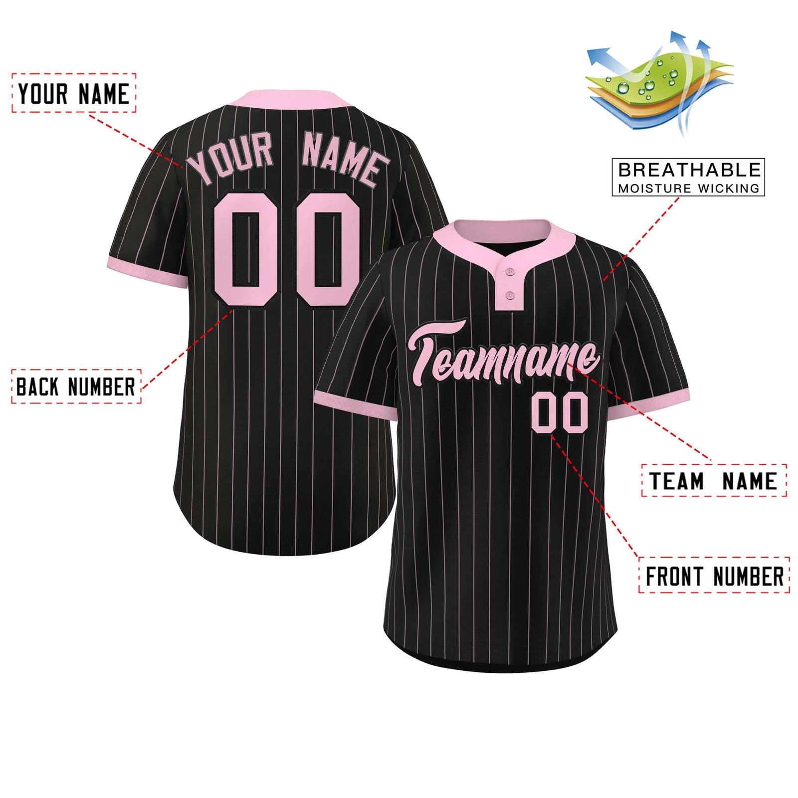 Custom Black Light Pink Stripe Fashion Authentic Two-Button Softball Jersey