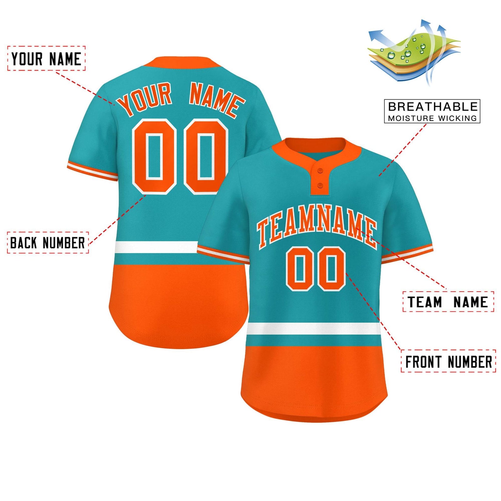 Custom Aqua White-Orange Color Block Personalized Authentic Two-Button Softball Jersey
