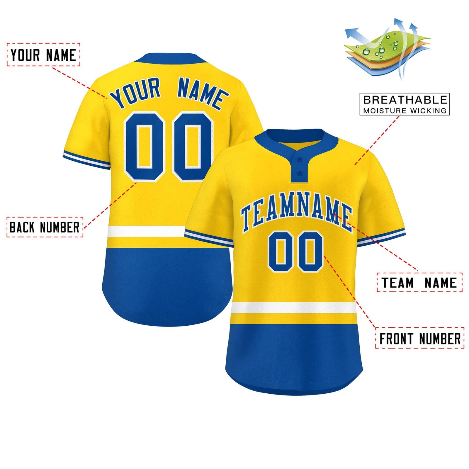 Custom Gold White-Royal Color Block Personalized Authentic Two-Button Softball Jersey