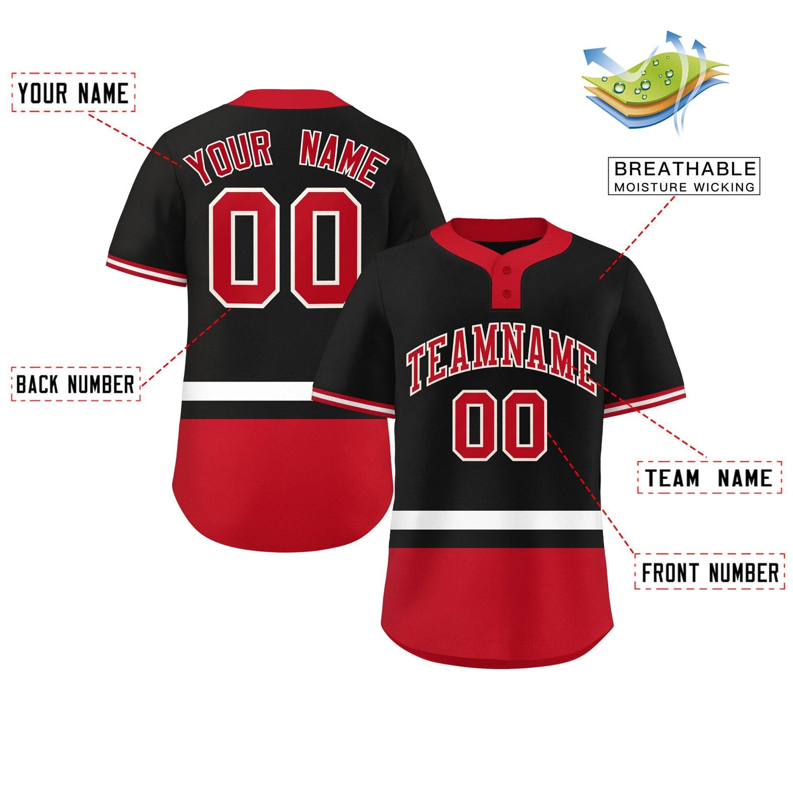 Custom Black White-Red Color Block Personalized Authentic Two-Button Softball Jersey