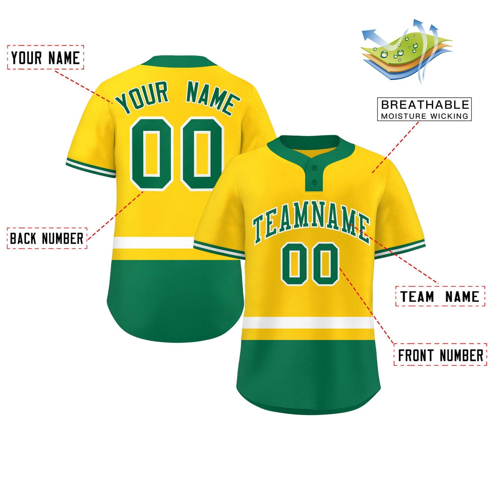 Custom Gold White-Kelly Green Color Block Personalized Authentic Two-Button Softball Jersey