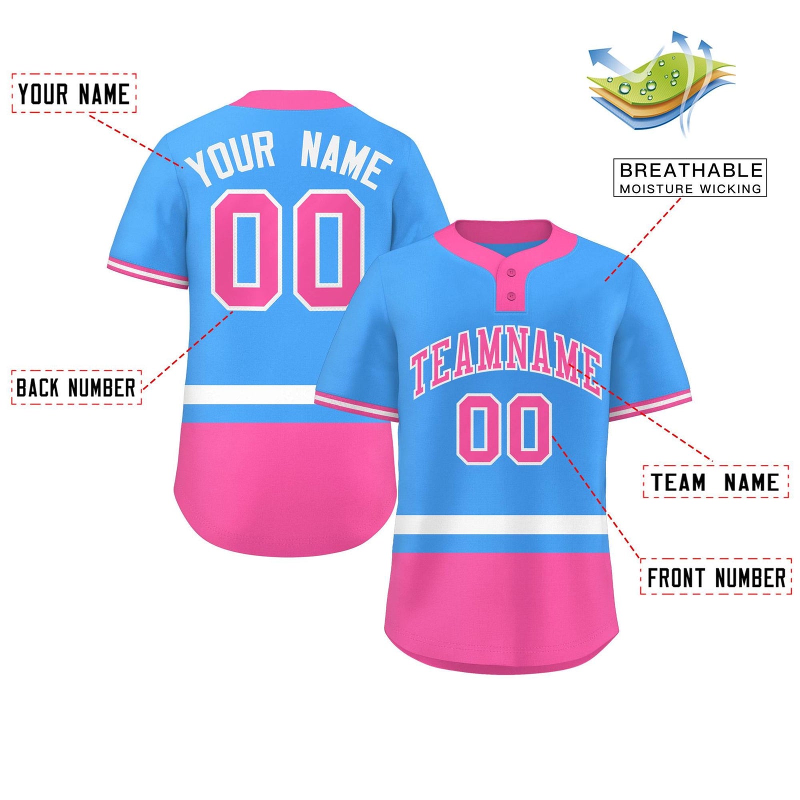 Custom Powder Blue White-Pink Color Block Personalized Authentic Two-Button Softball Jersey