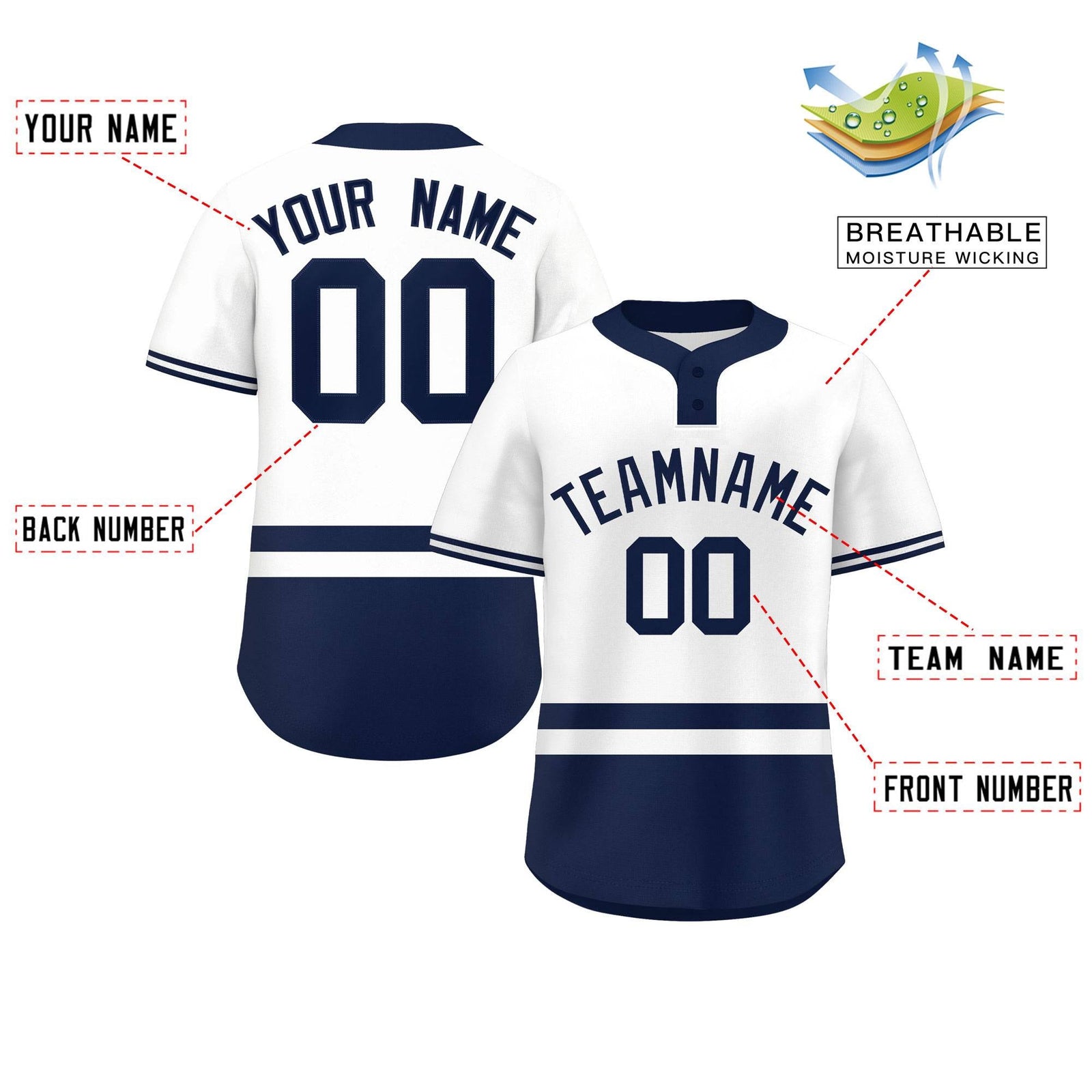 Custom White Navy Color Block Personalized Authentic Two-Button Softball Jersey