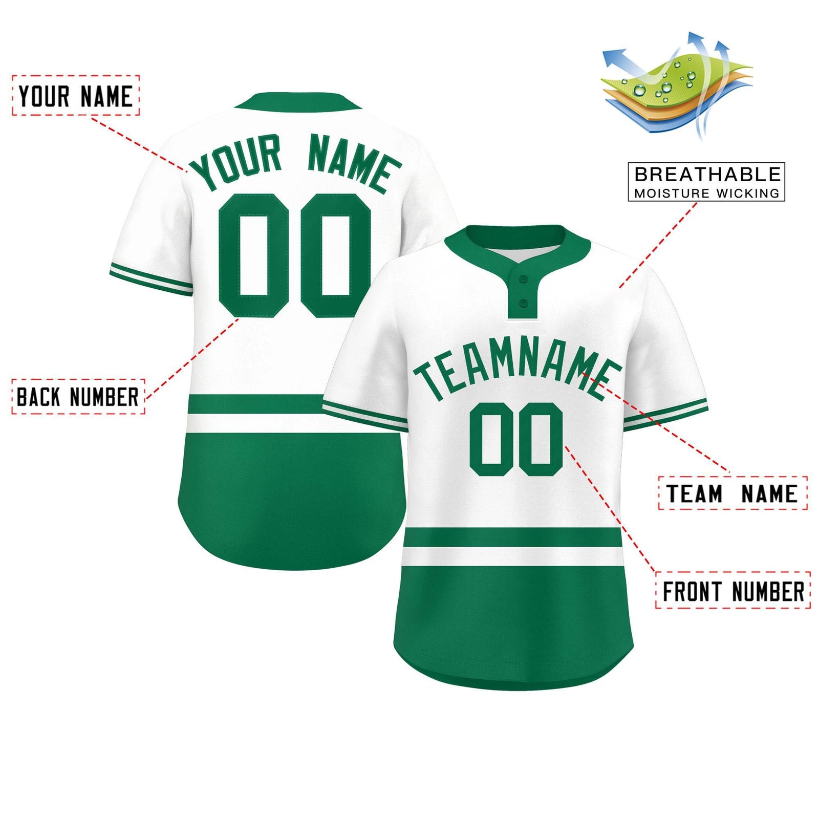 Custom White Kelly Green Color Block Personalized Authentic Two-Button Softball Jersey