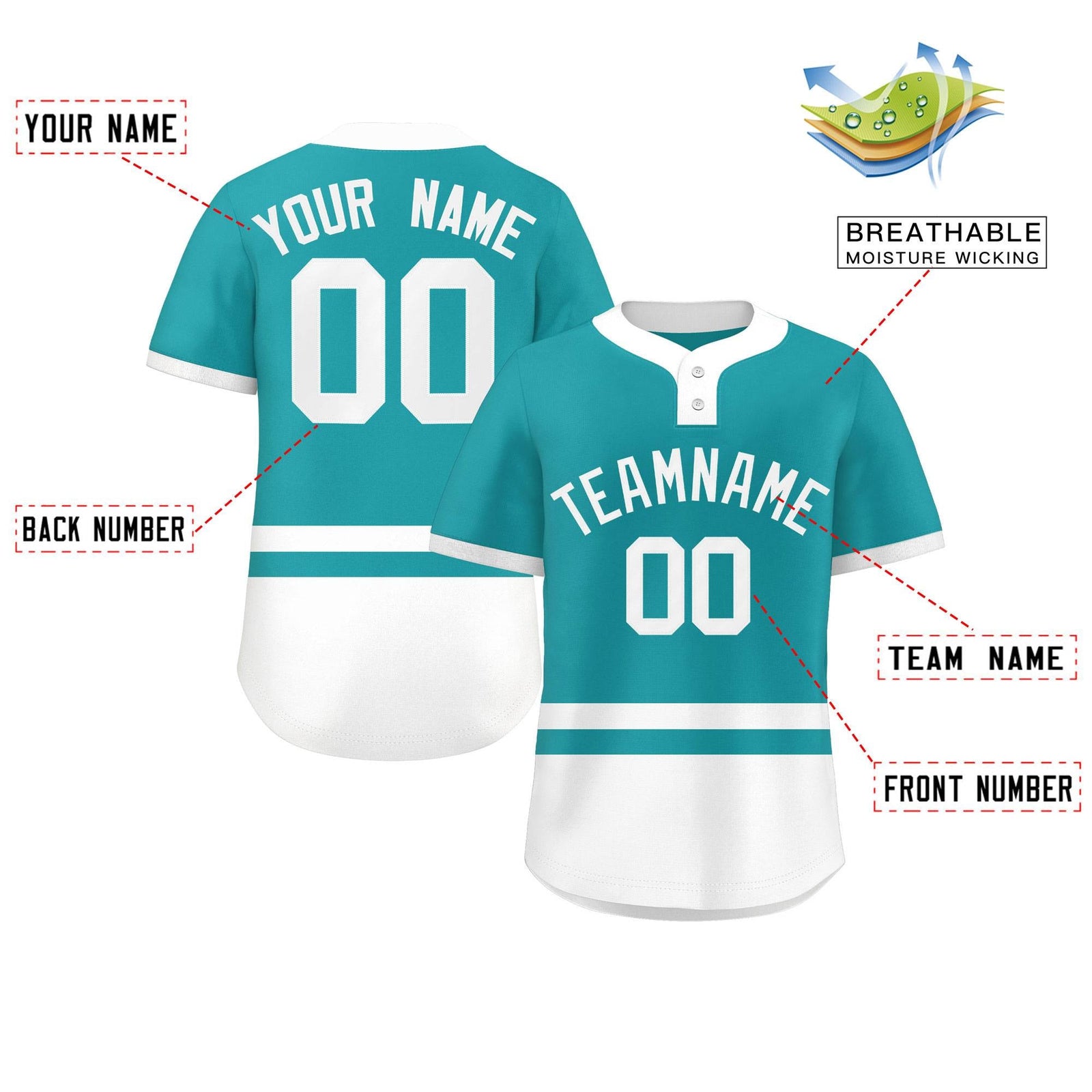 Custom Aqua White Color Block Personalized Authentic Two-Button Softball Jersey