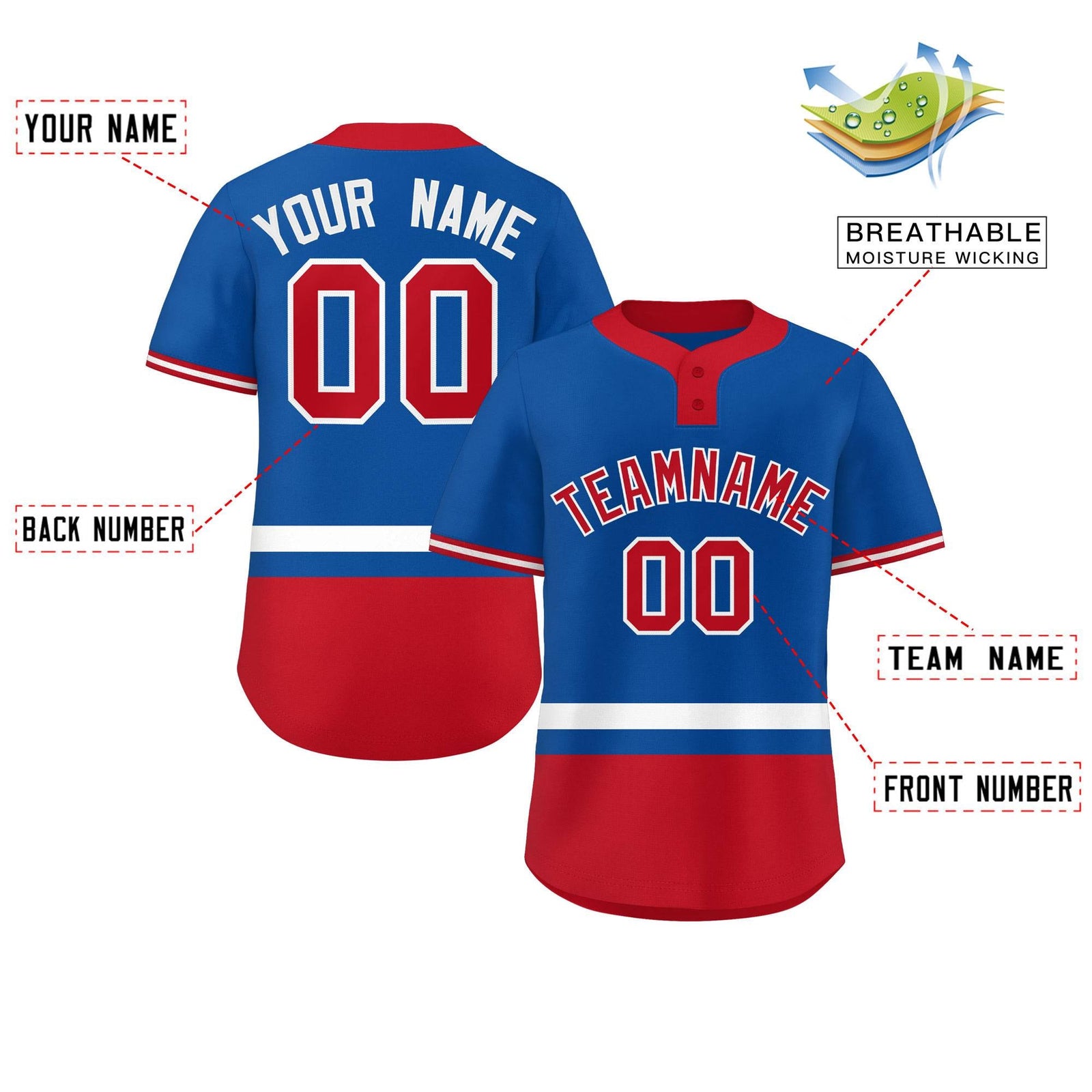 Custom Royal White-Red Color Block Personalized Authentic Two-Button Softball Jersey