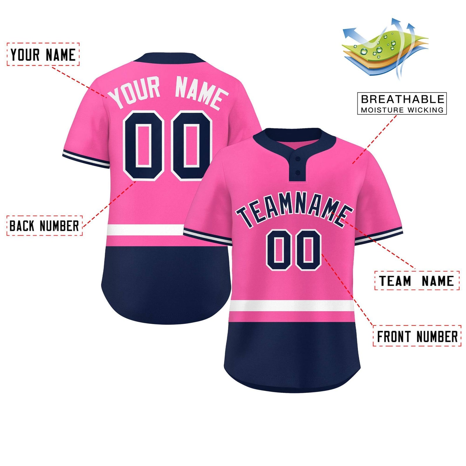 Custom Pink White-Navy Color Block Personalized Authentic Two-Button Softball Jersey