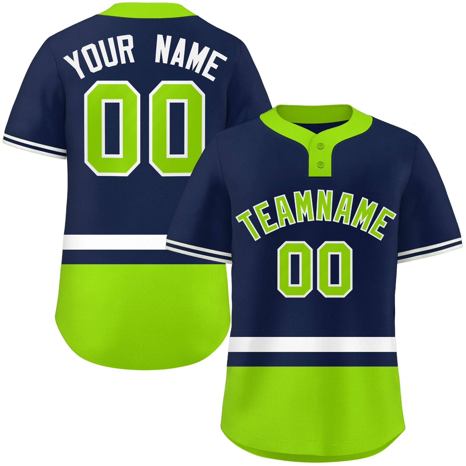 Custom Navy White-Neon Green Color Block Personalized Authentic Two-Button Softball Jersey