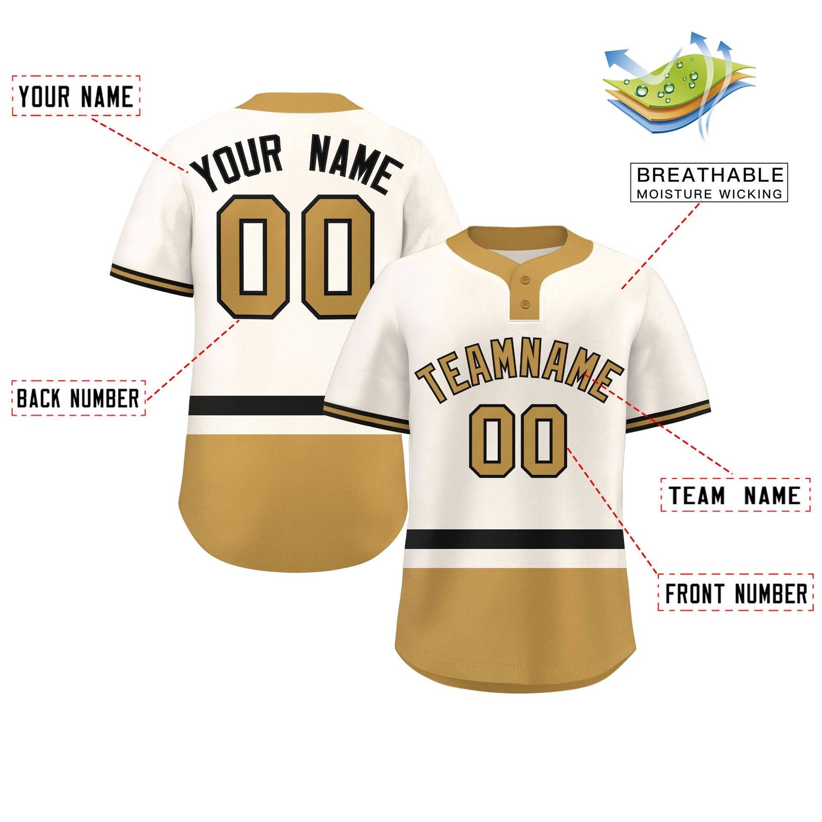 Custom Cream Black-Old Gold Color Block Personalized Authentic Two-Button Softball Jersey