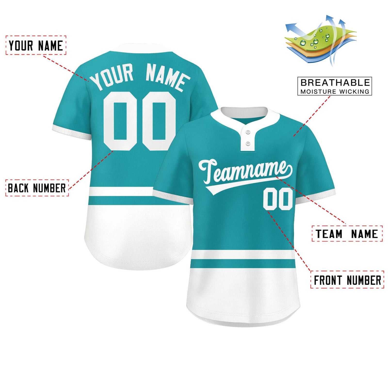 Custom Aqua White Color Block Personalized Authentic Two-Button Softball Jersey