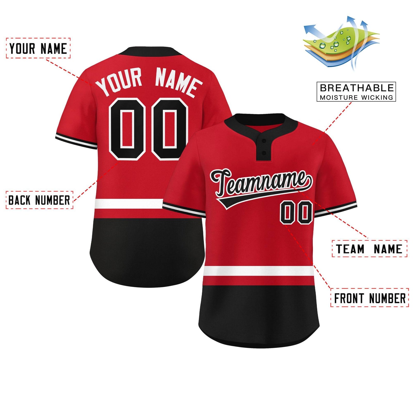 Custom Red White-Black Color Block Personalized Authentic Two-Button Softball Jersey