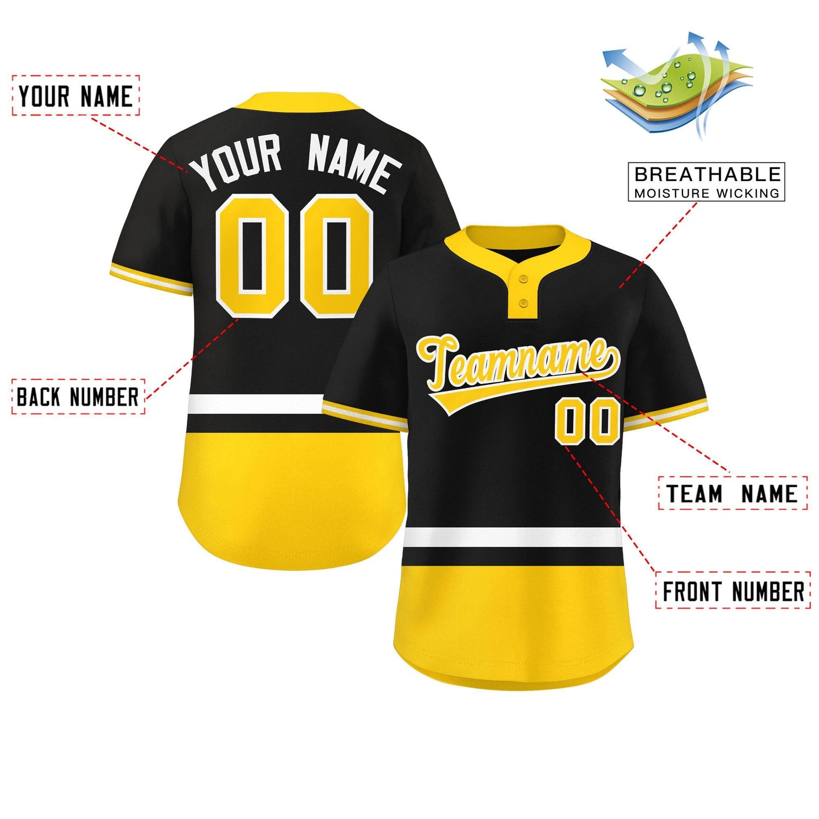 Custom Black White-Gold Color Block Personalized Authentic Two-Button Softball Jersey