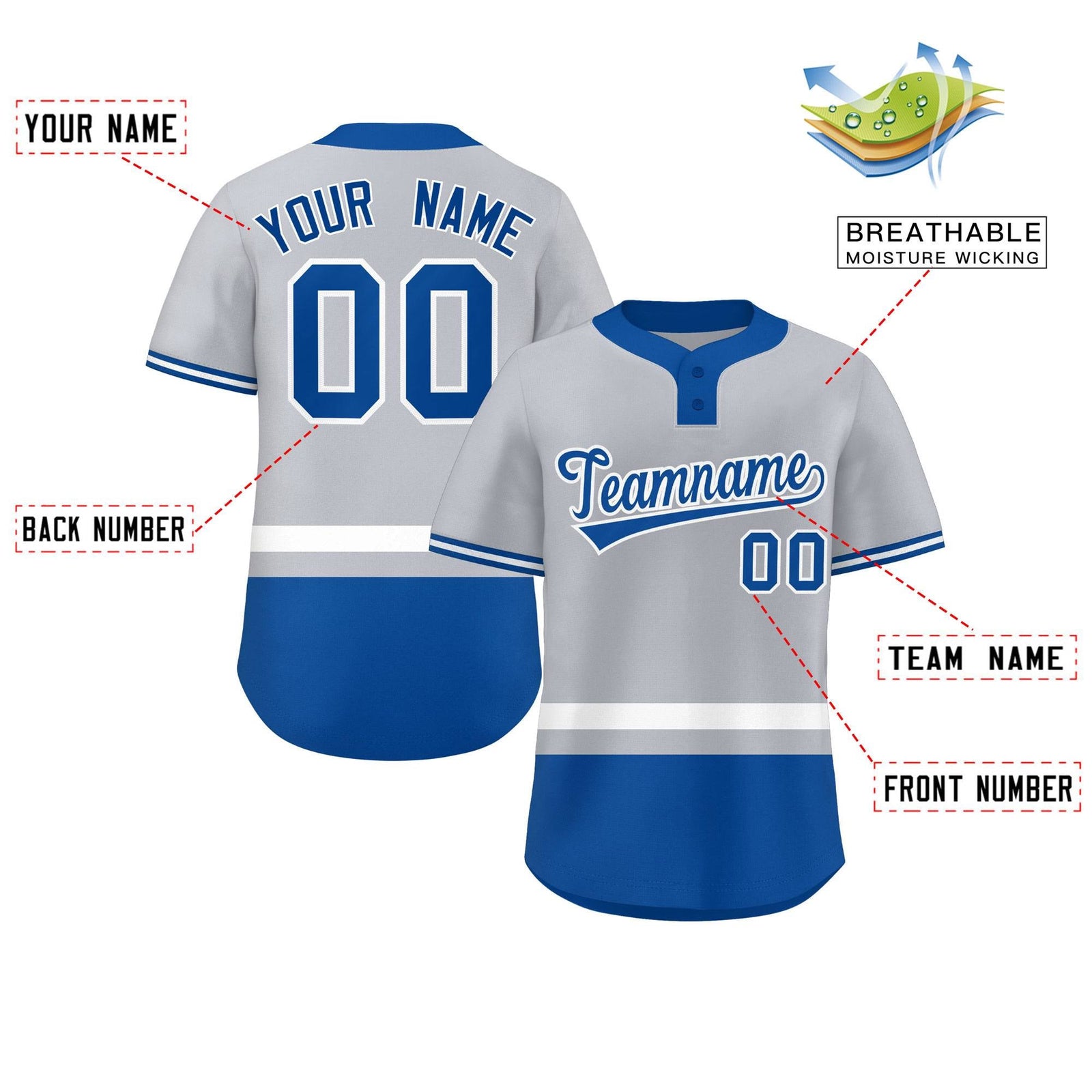 Custom Gray White-Royal Color Block Personalized Authentic Two-Button Softball Jersey