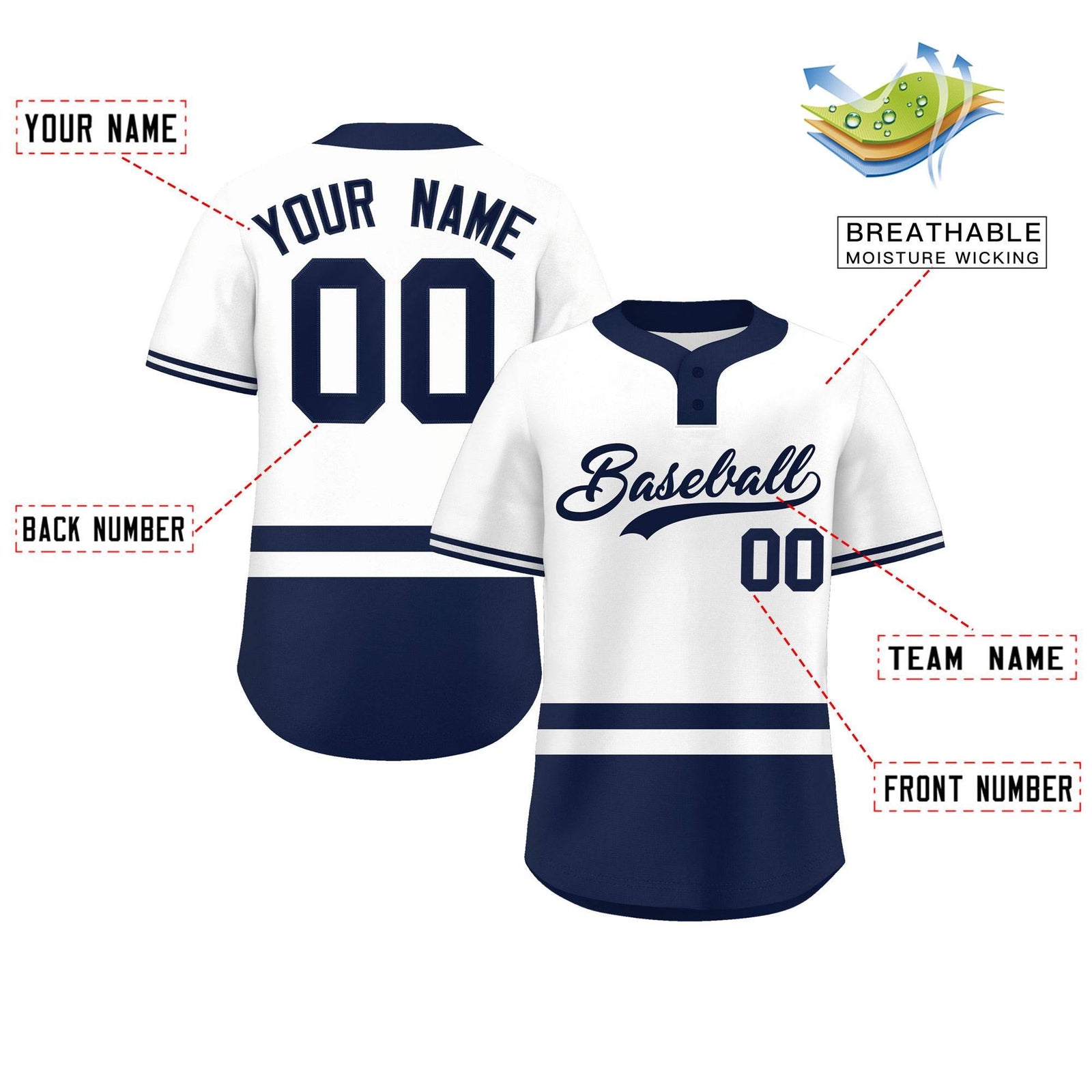 Custom White Navy Color Block Personalized Authentic Two-Button Softball Jersey