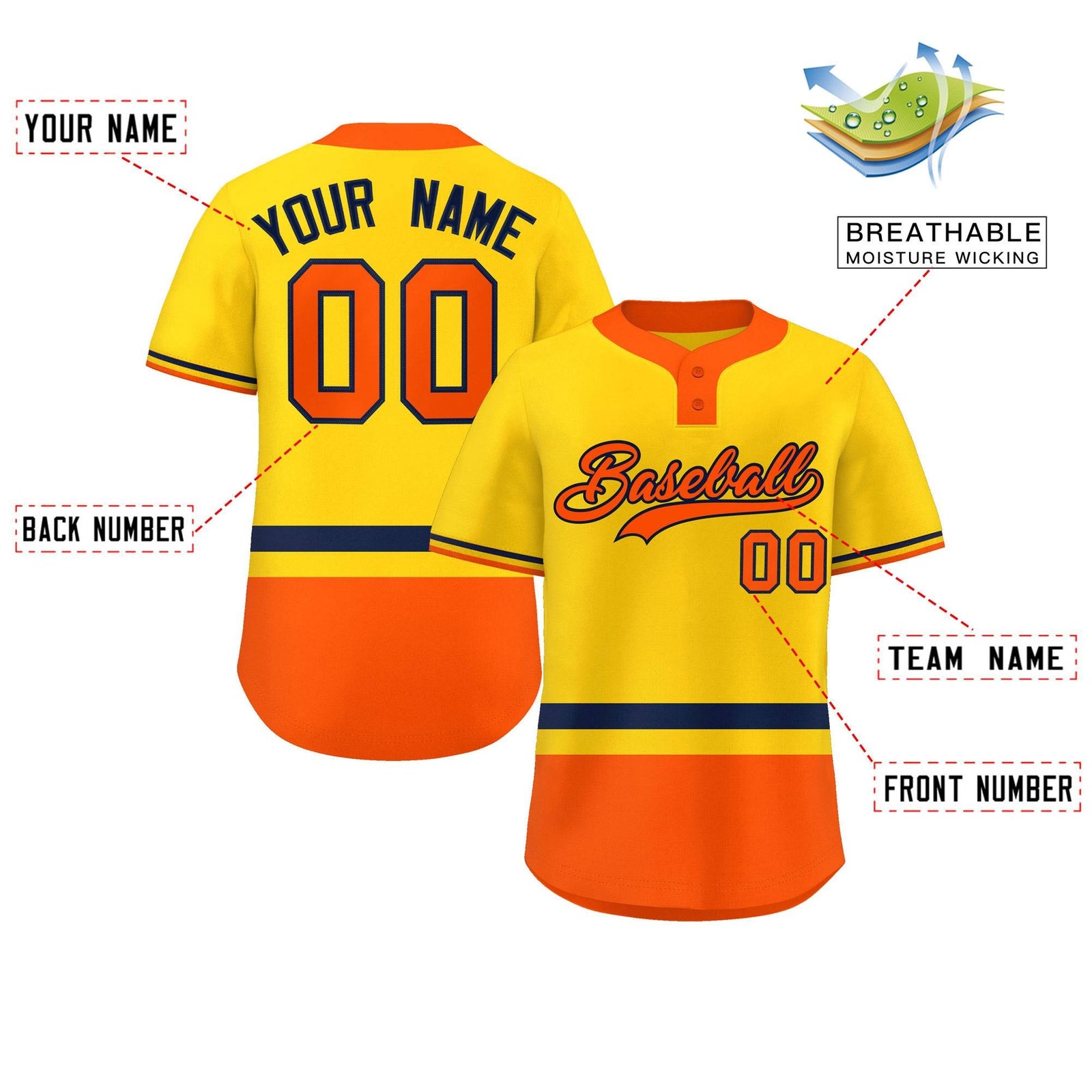 Custom Gold Navy-Orange Color Block Personalized Authentic Two-Button Softball Jersey