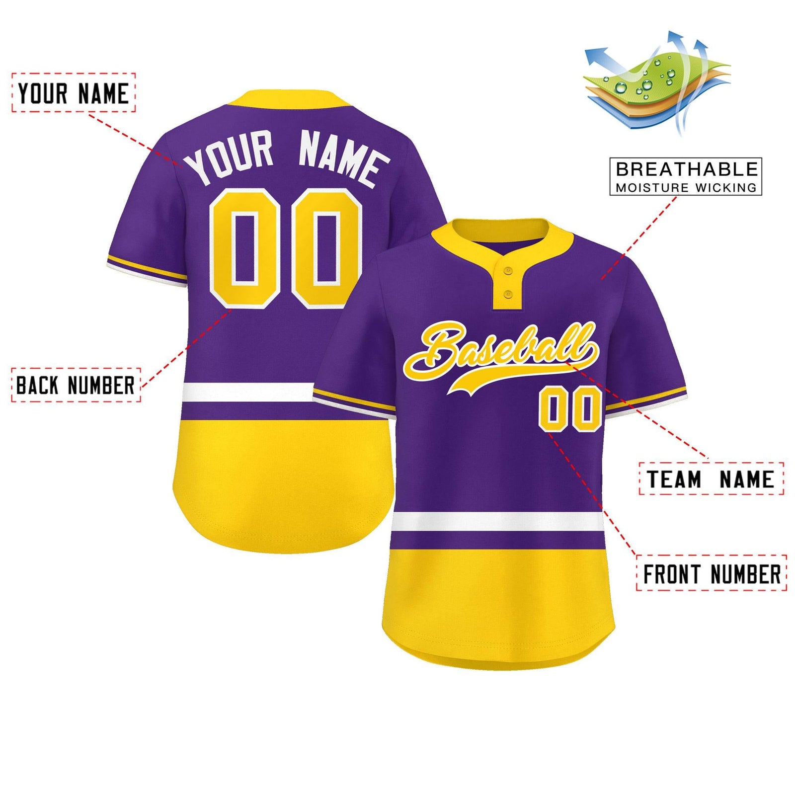 Custom Purple White-Gold Color Block Personalized Authentic Two-Button Softball Jersey