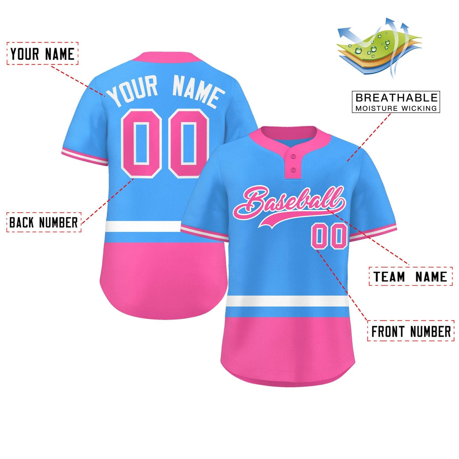 Custom Powder Blue White-Pink Color Block Personalized Authentic Two-Button Softball Jersey