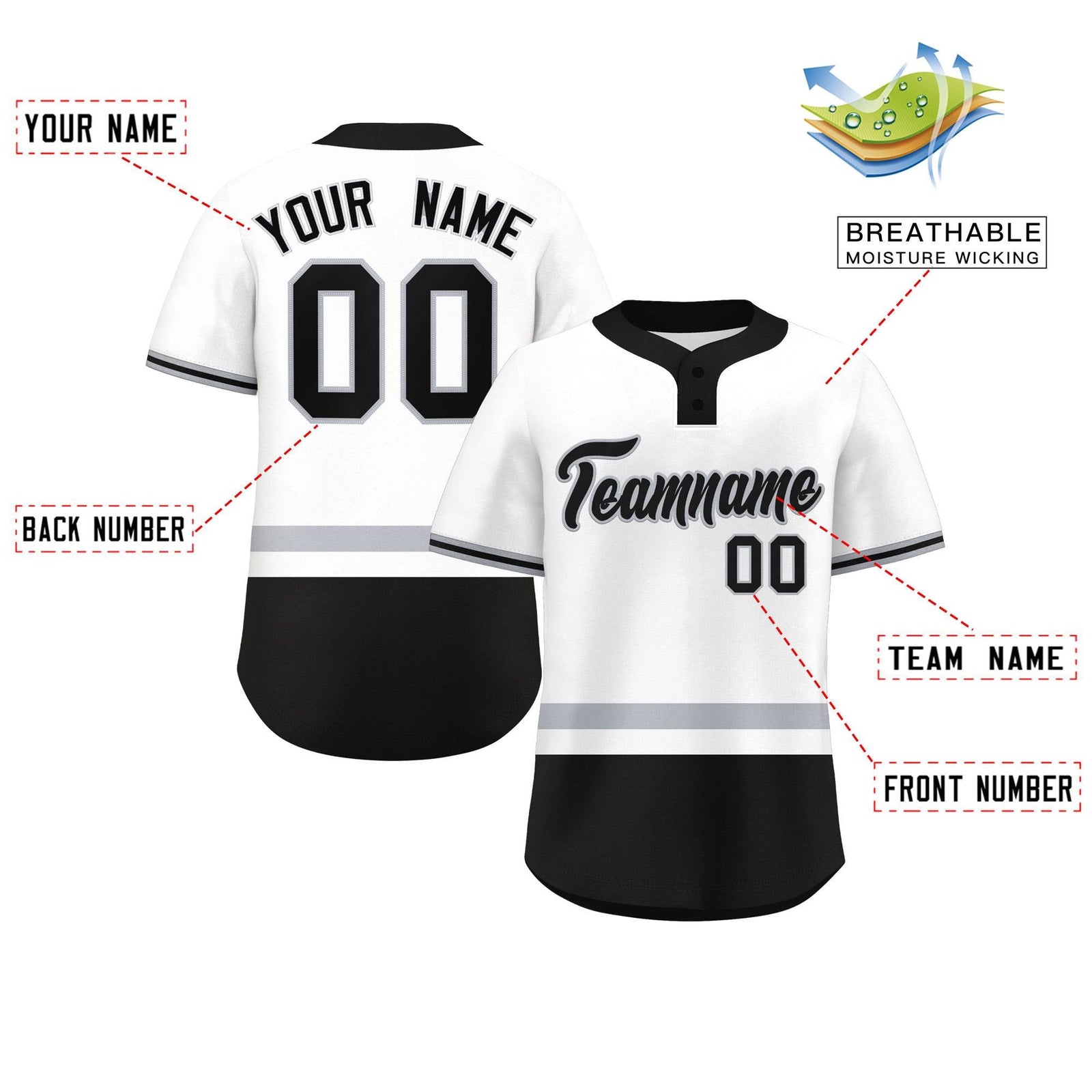 Custom White Gray-Black Color Block Personalized Authentic Two-Button Softball Jersey